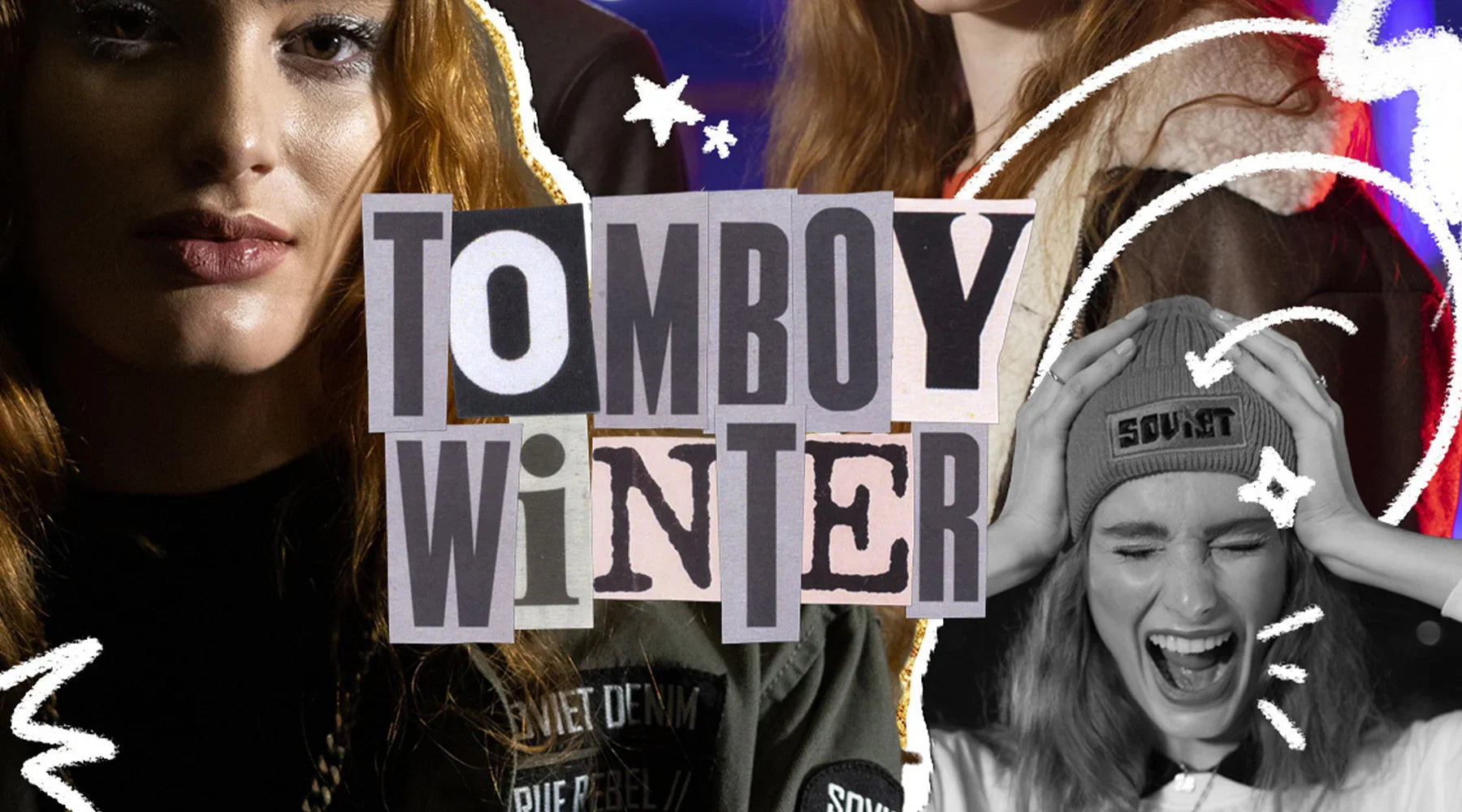 Collage of women in urban winter fashion, denim jacket, beanie with Soviet patch, 'Tomboy Winter' text.