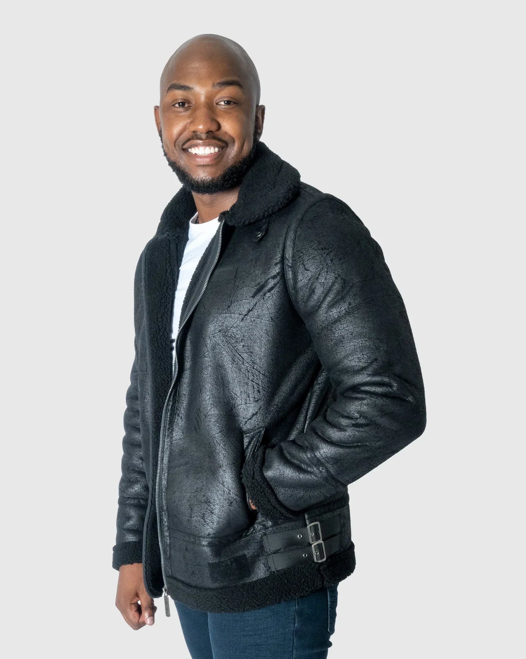 Black faux suede fleece jacket with zip front, sherpa collar, side pockets