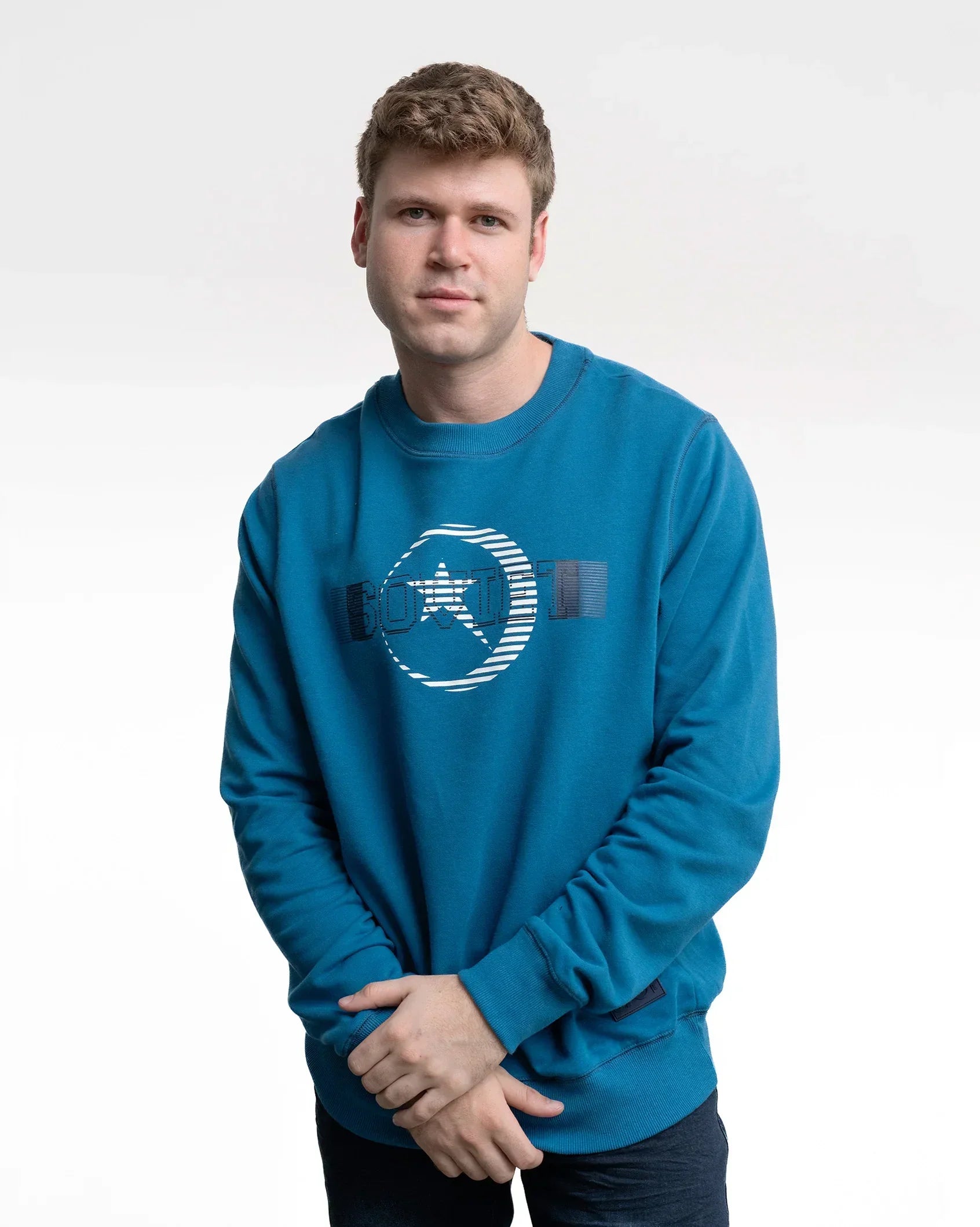Men's sea blue crewneck sweatshirt with circular logo graphic print
