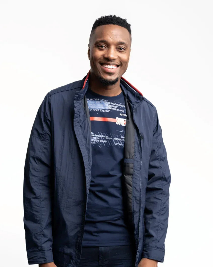 Men's lightweight jacket in navy; zip front with hoodless stand collar and striped trim.