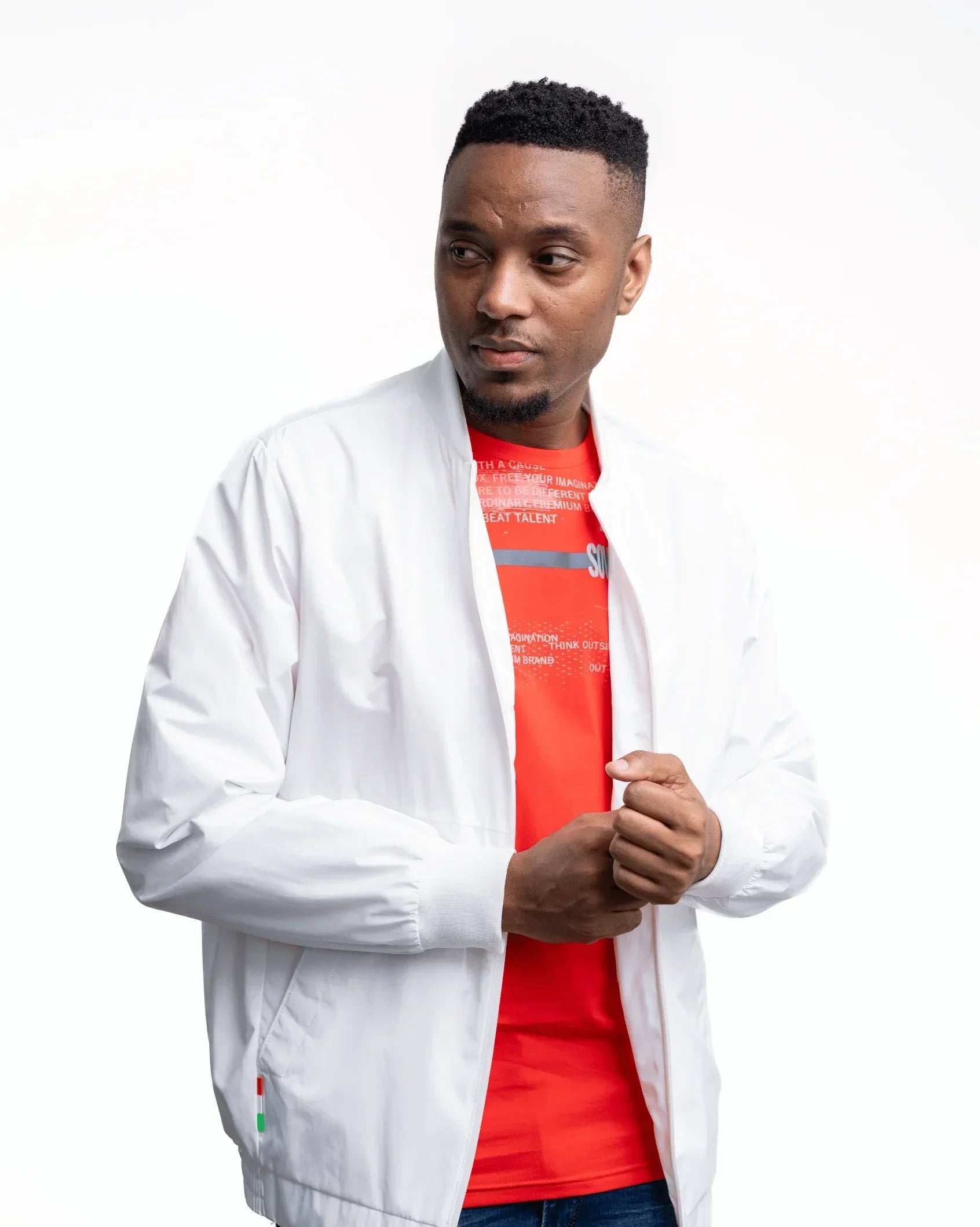 White lightweight jacket with stand collar, full-zip front, and elastic cuffs