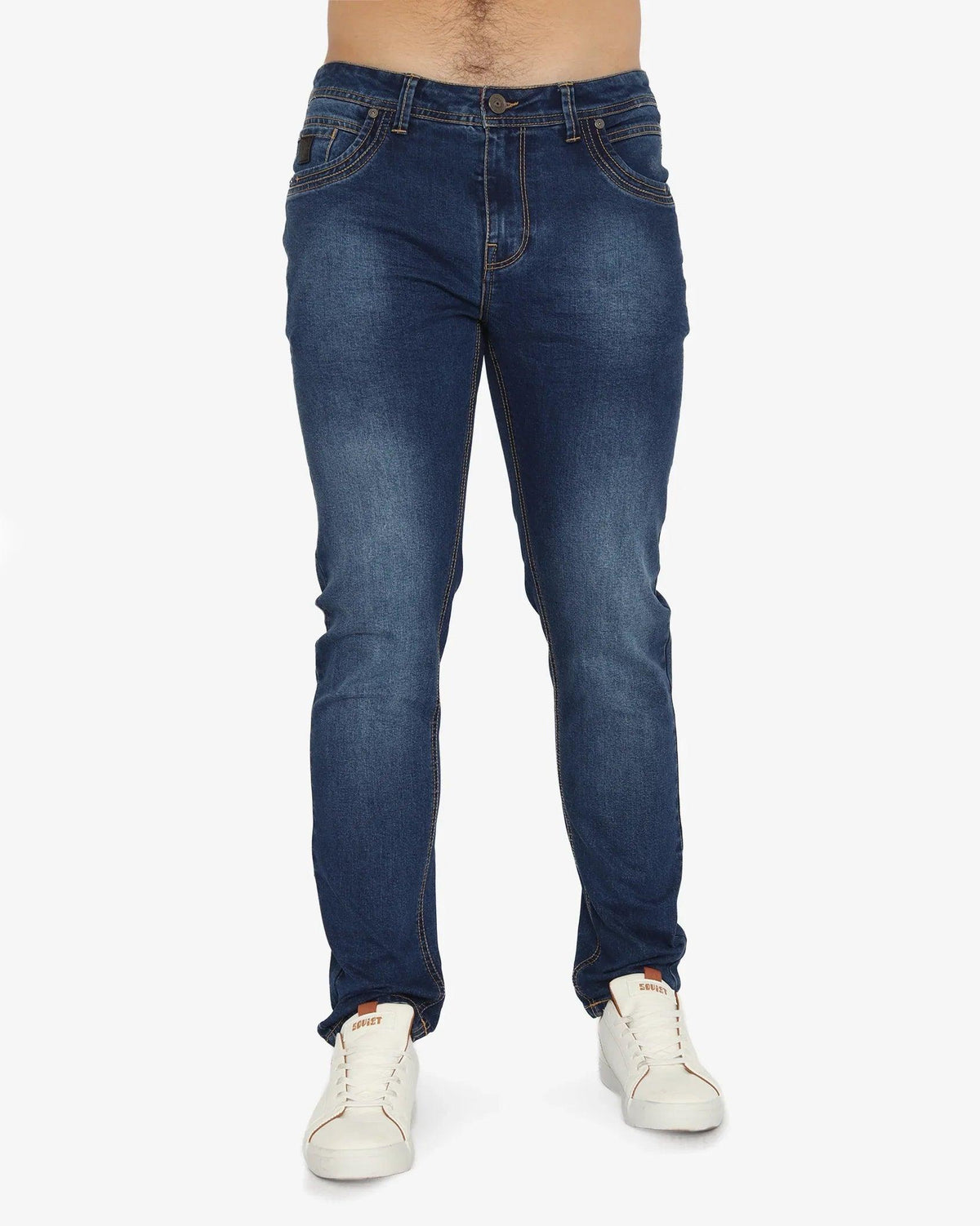 Soviet Woodford #9 men's slim leg jeans in dark denim, showing front view with pockets and slim fit design.