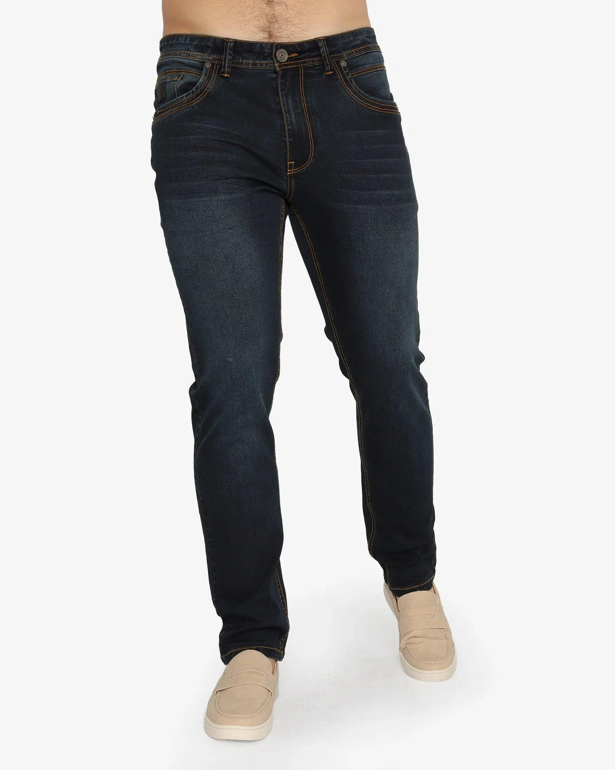 Men's Woodford #9 slim leg jeans by Soviet, showcasing dark denim fabric with classic five-pocket design and slim fit style.