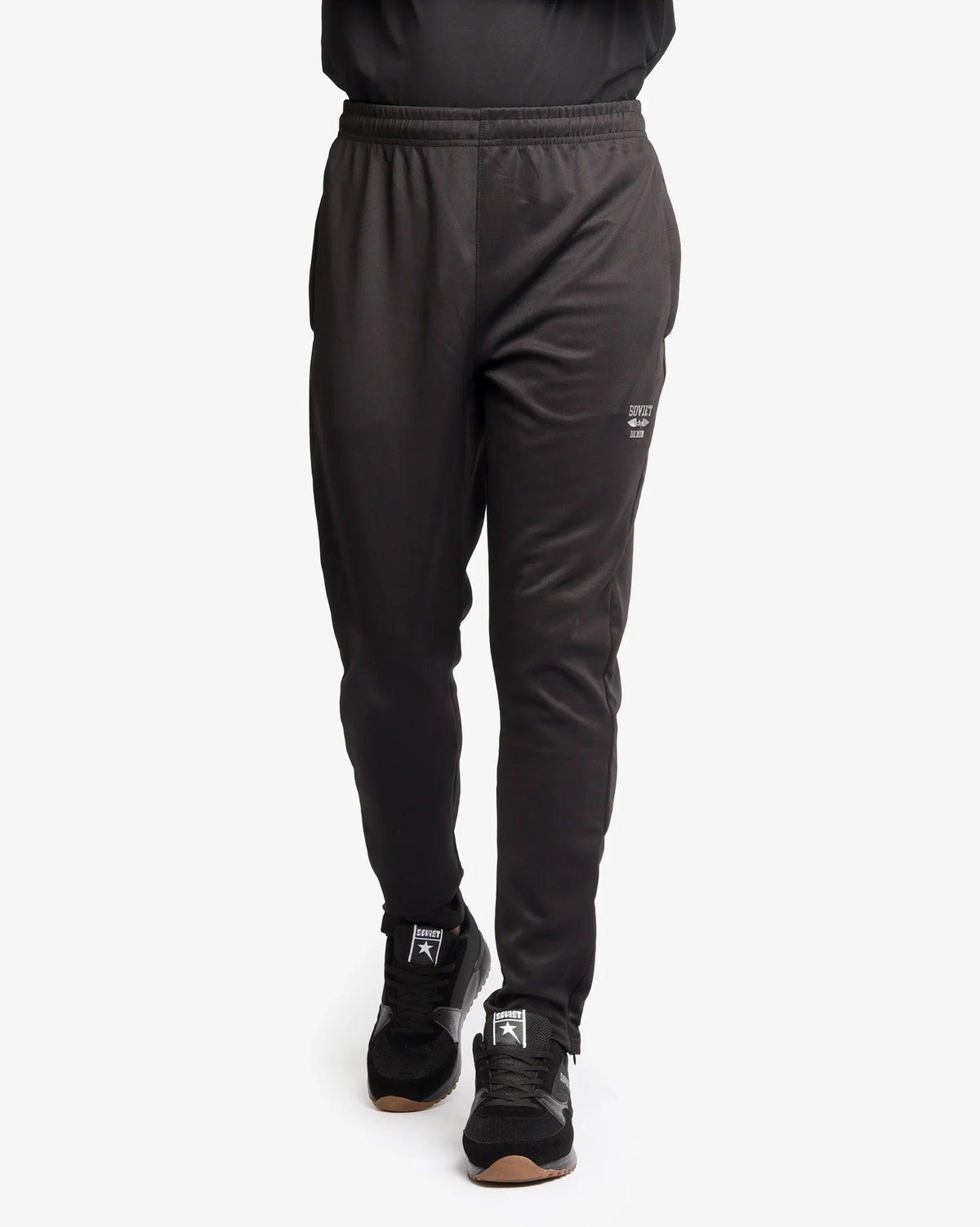 Soviet Mens Aero skinny leg pants in dark fabric, close-up view showing fitted design and waistband detail.