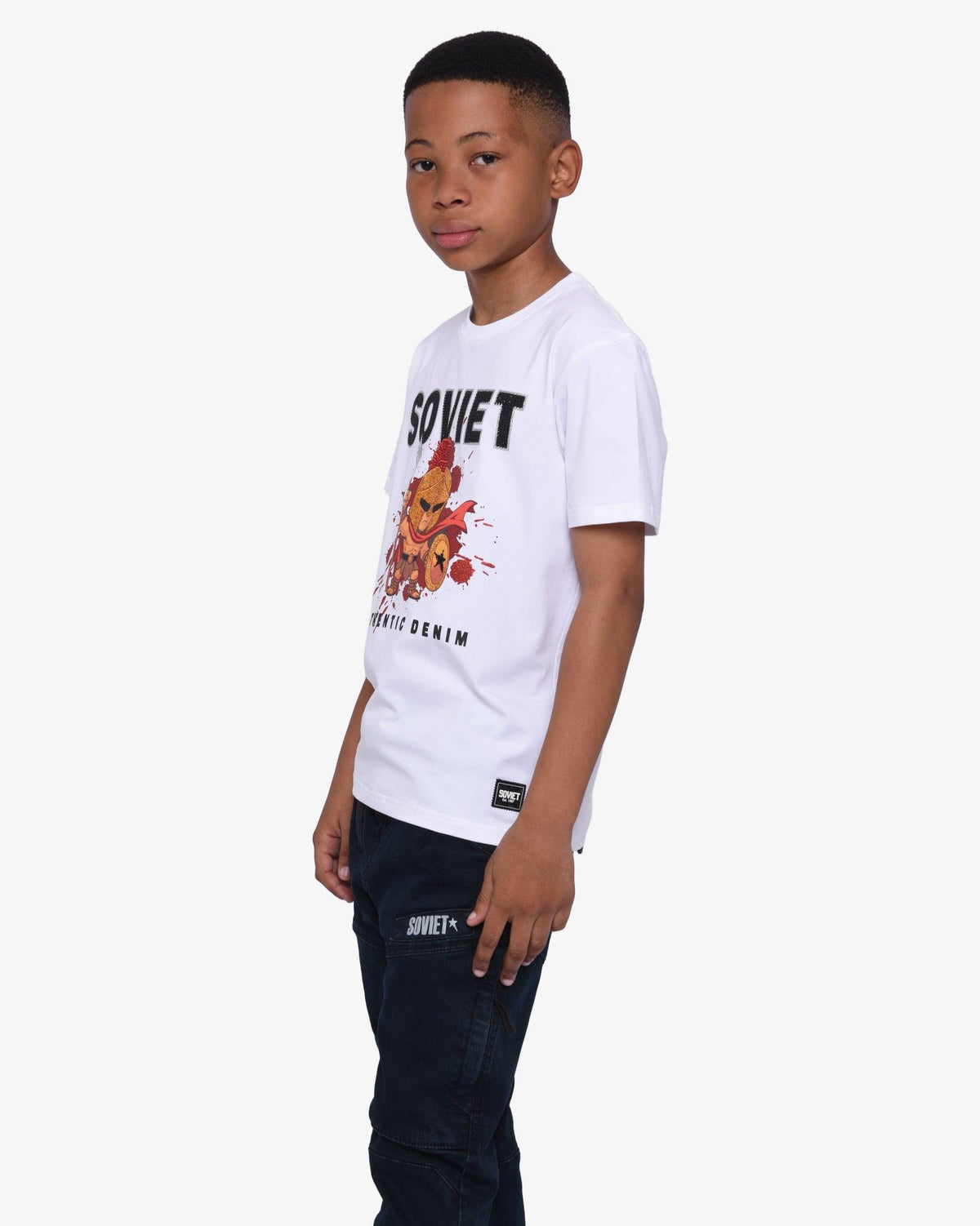 White boys' short sleeve fashion T-shirt by Soviet with "Antonio" graphic design, casual boys' apparel.