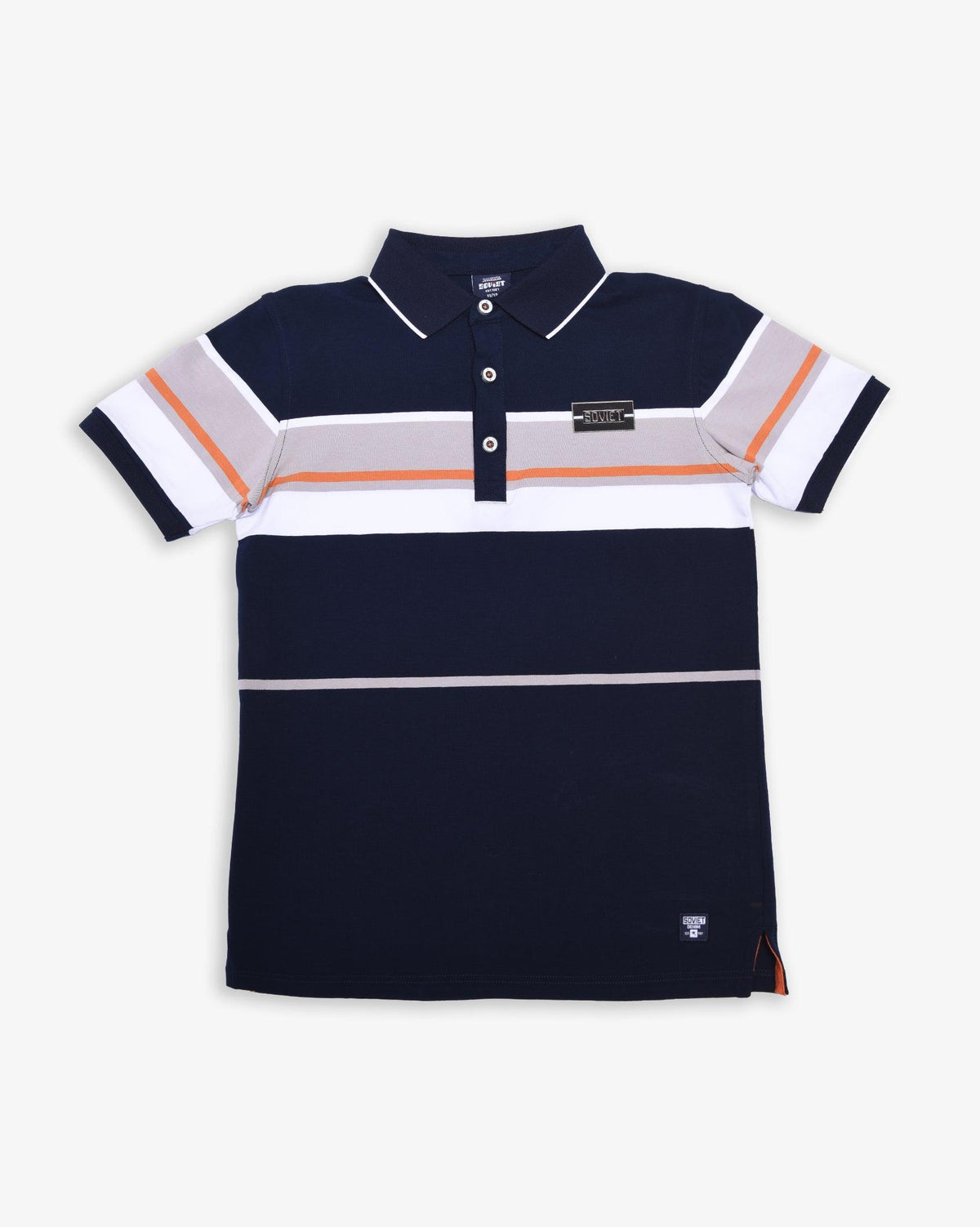 Navy boys' short sleeve yarn-dye golfer shirt by Soviet, featuring a casual fit and classic design for boys' apparel.