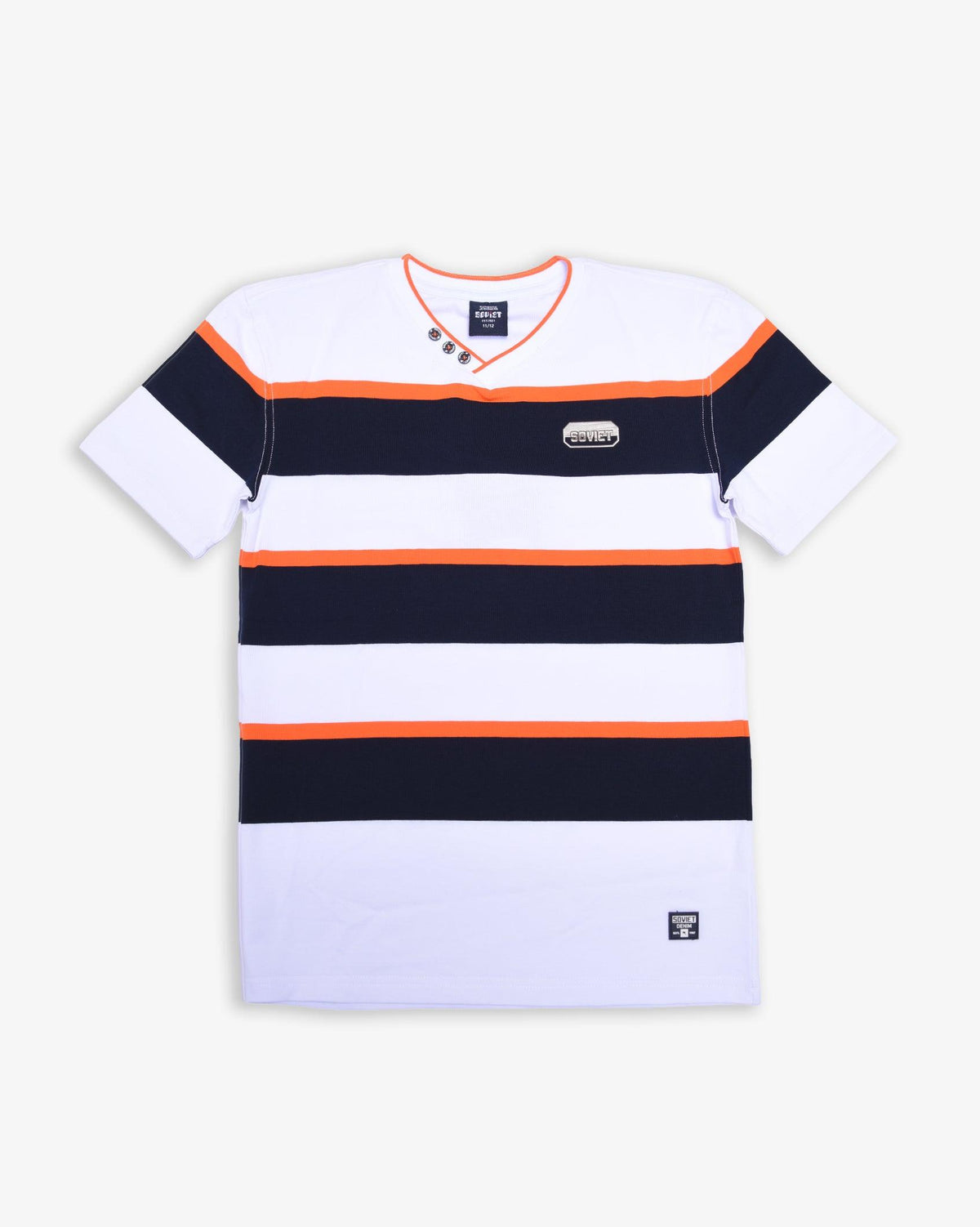 White Boys Carrey V-neck Yarn-Dye Stripe T-shirt by Soviet, featuring colorful striped pattern on soft cotton fabric.