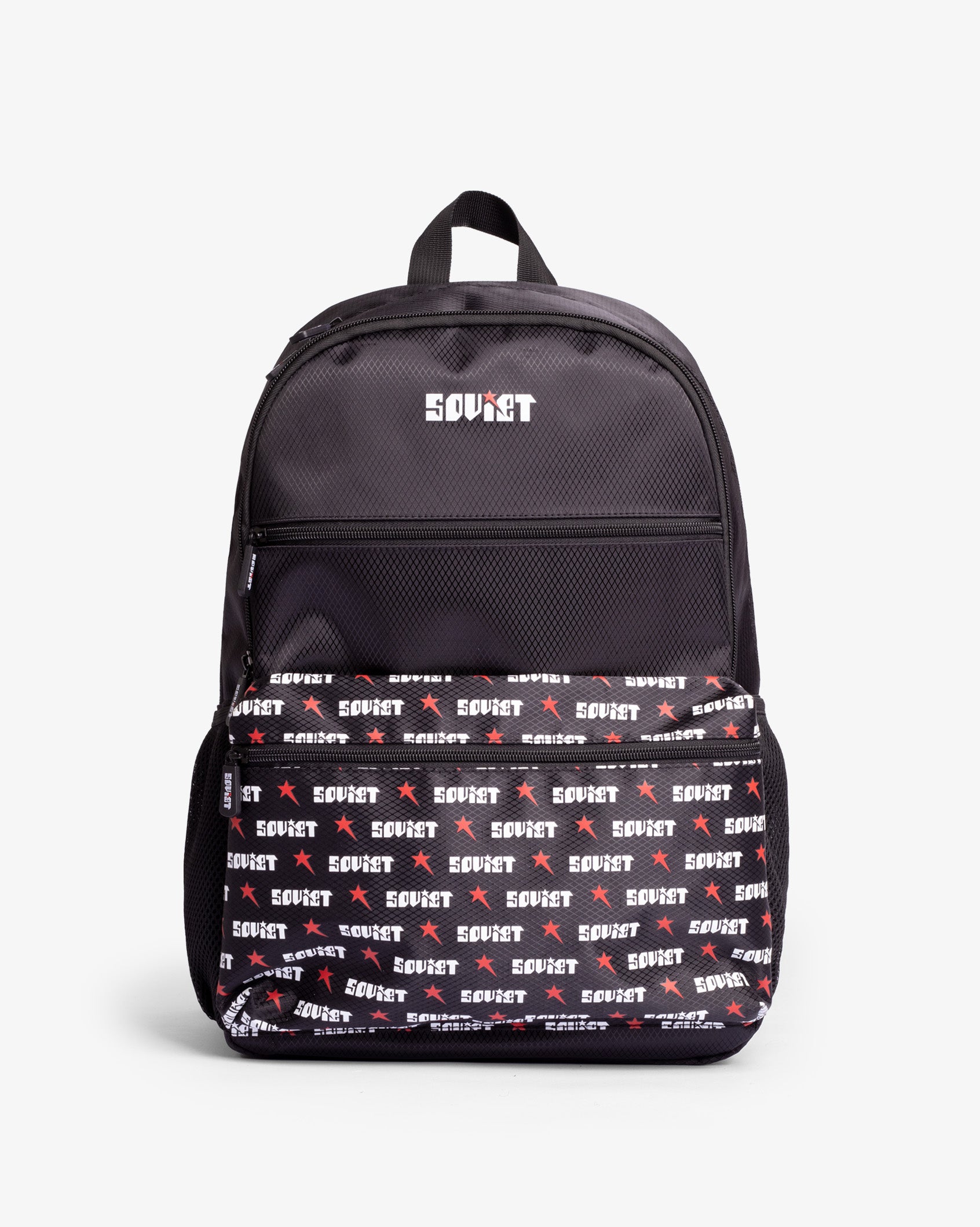 Black Ezra print backpack by Soviet, a stylish accessories bag with bold graphic design and adjustable straps.
