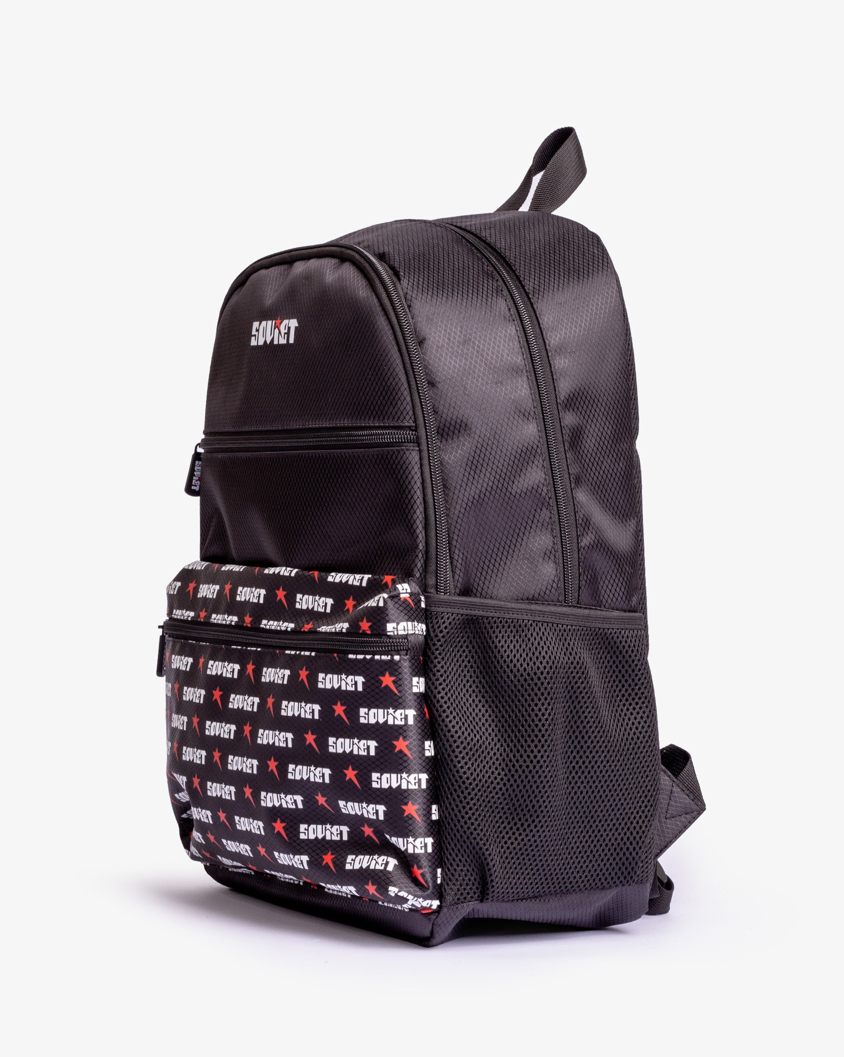 Black Soviet Ezra print backpack with adjustable straps and multiple compartments, designed for stylish and functional accessories.