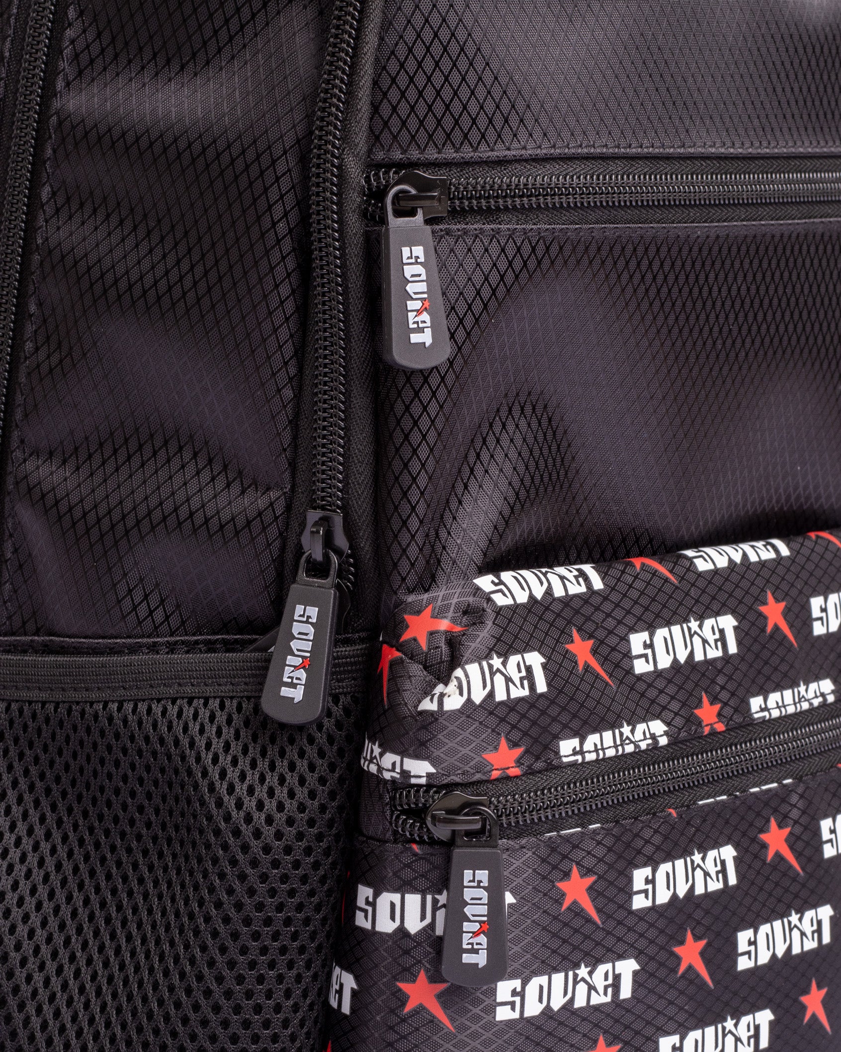 Black Ezra Print Backpack by Soviet, stylish accessories with bold graphic design, featuring adjustable straps and multiple compartments.
