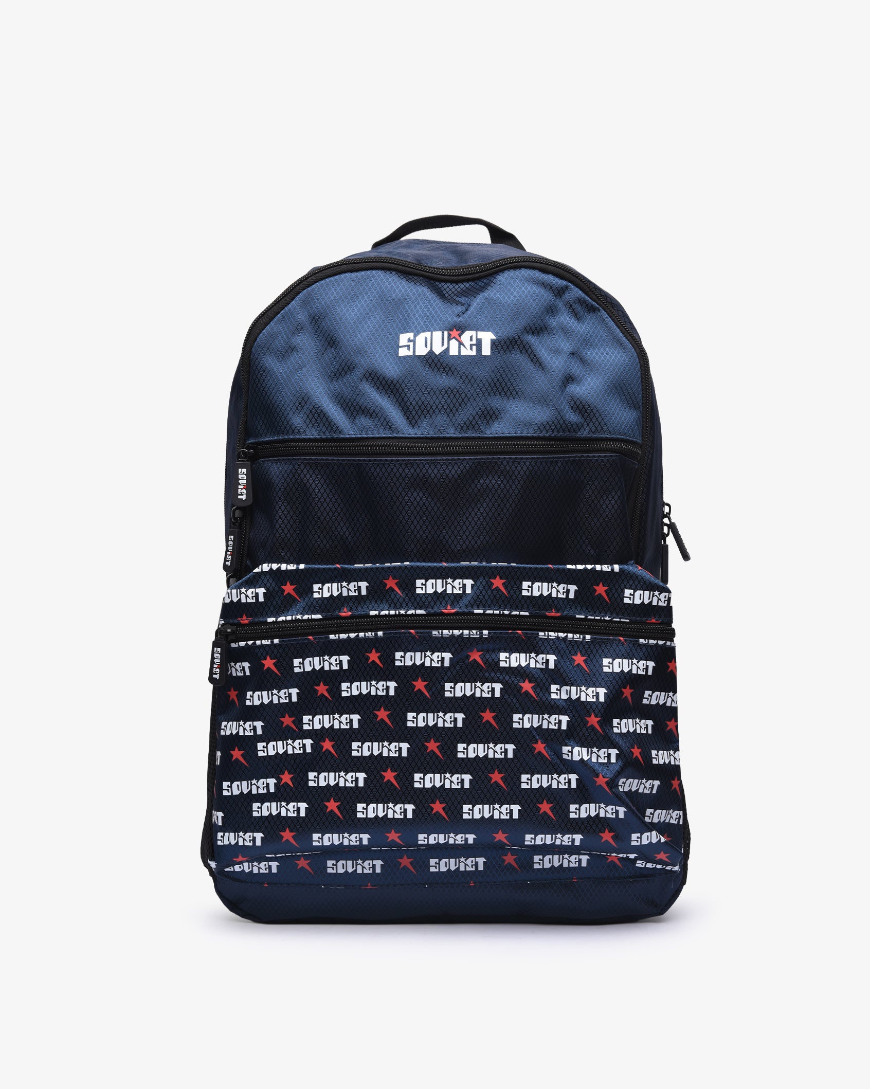 Soviet Ezra print backpack with navy and white design, accessory bag featuring adjustable straps and spacious main compartment.