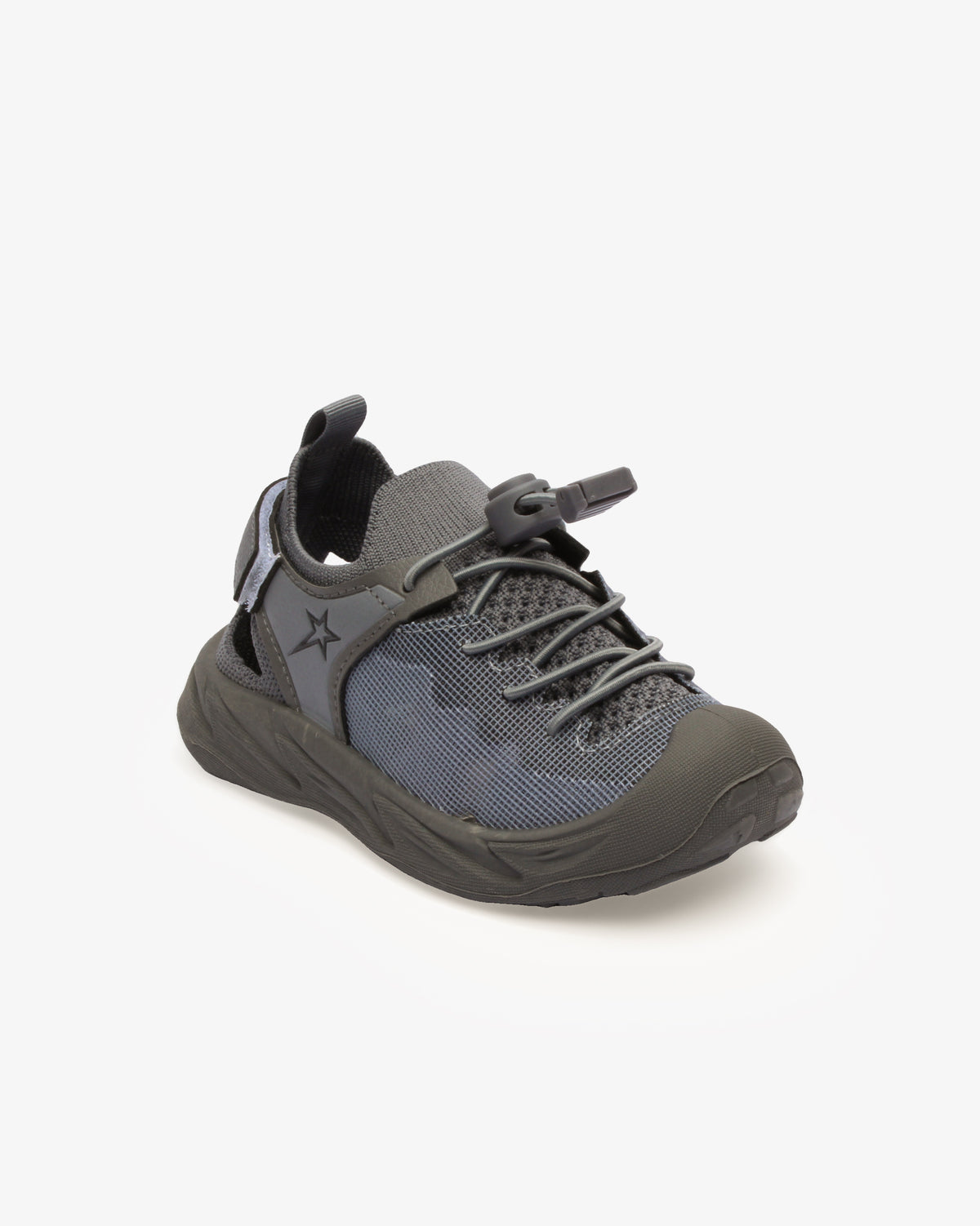 Infants Midnight Adventure Sandal by Soviet, grey and black footwear for babies, featuring open-toe design and adjustable straps.