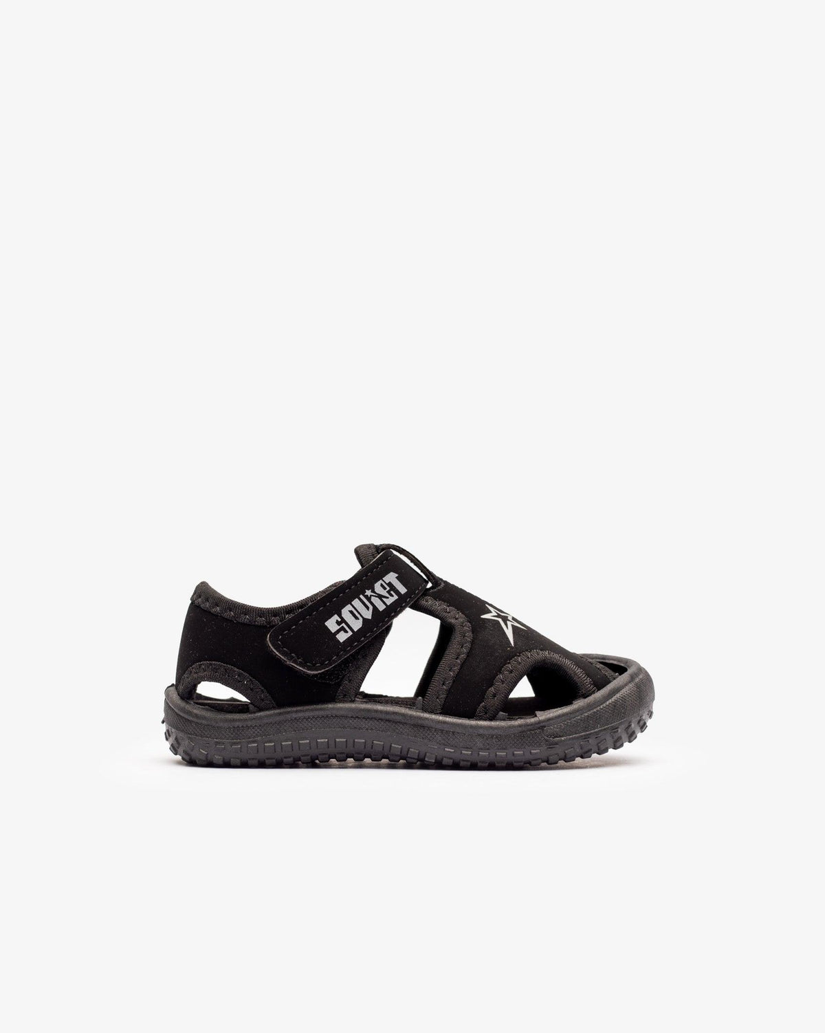 Black neoprene Velcro sandal for infants by Soviet, featuring comfortable footwear design with adjustable straps.
