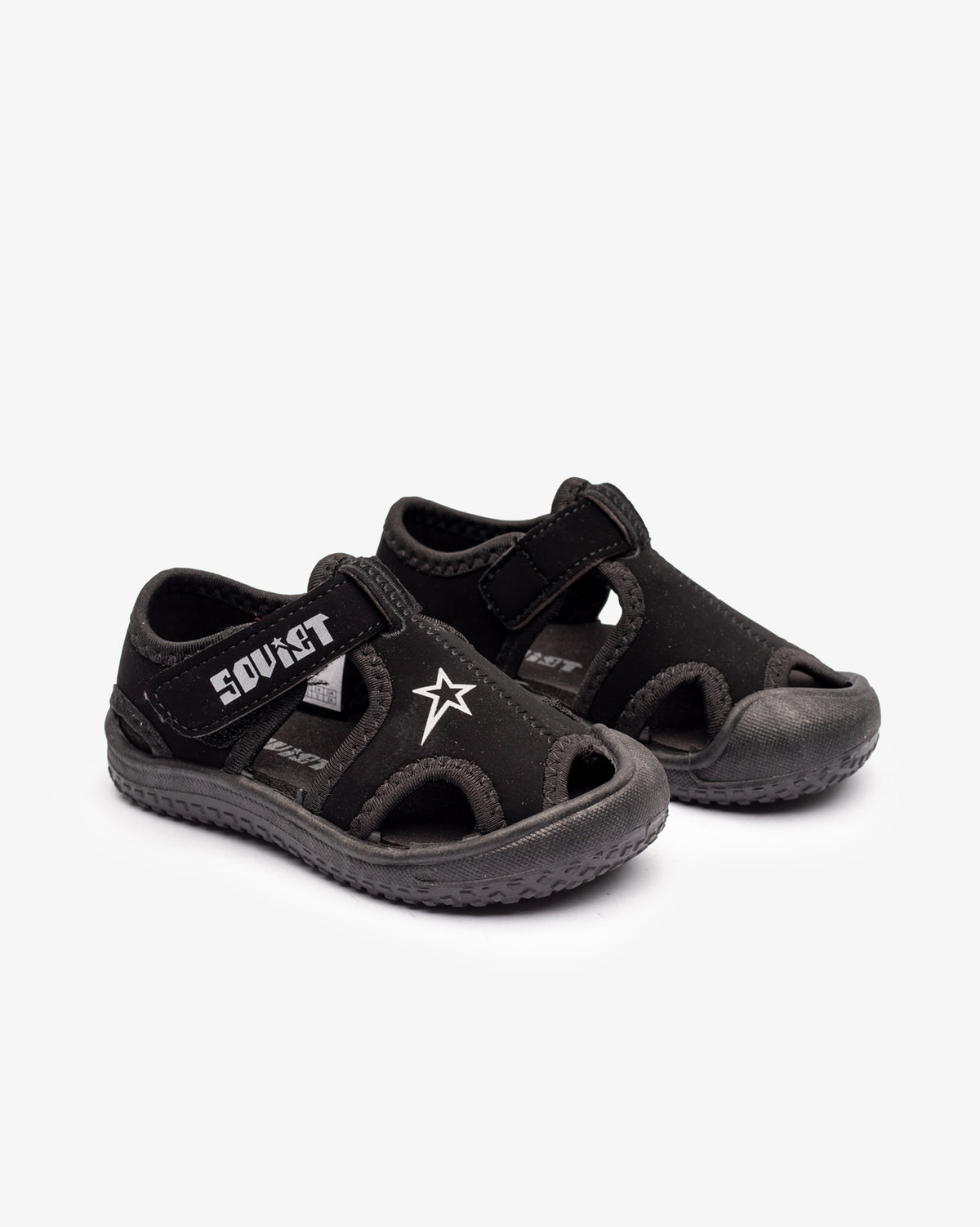 Black neoprene Velcro sandals for infants from Soviet, featuring soft straps and durable soles, ideal for young children’s footwear.
