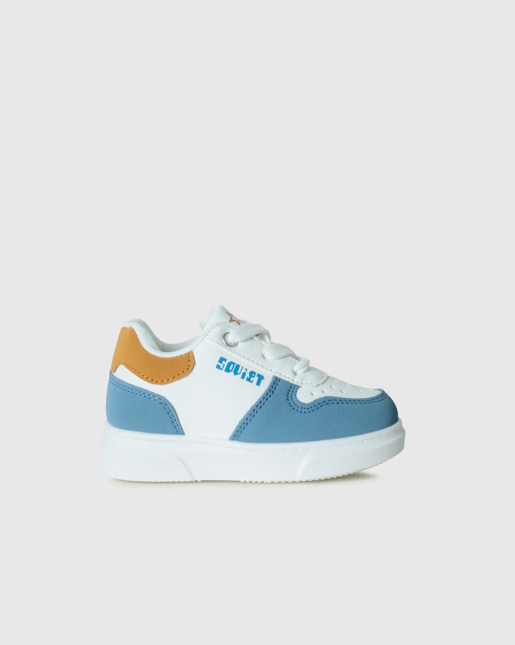 Infants Society in white, blue and mustard, right view