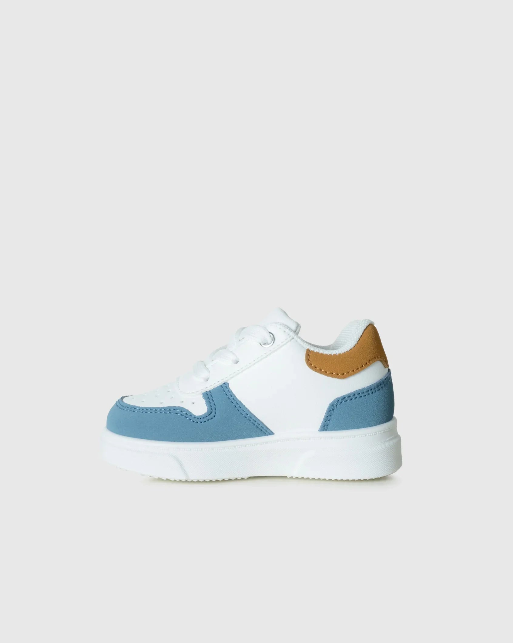 Infants Society in white, blue and mustard, left view