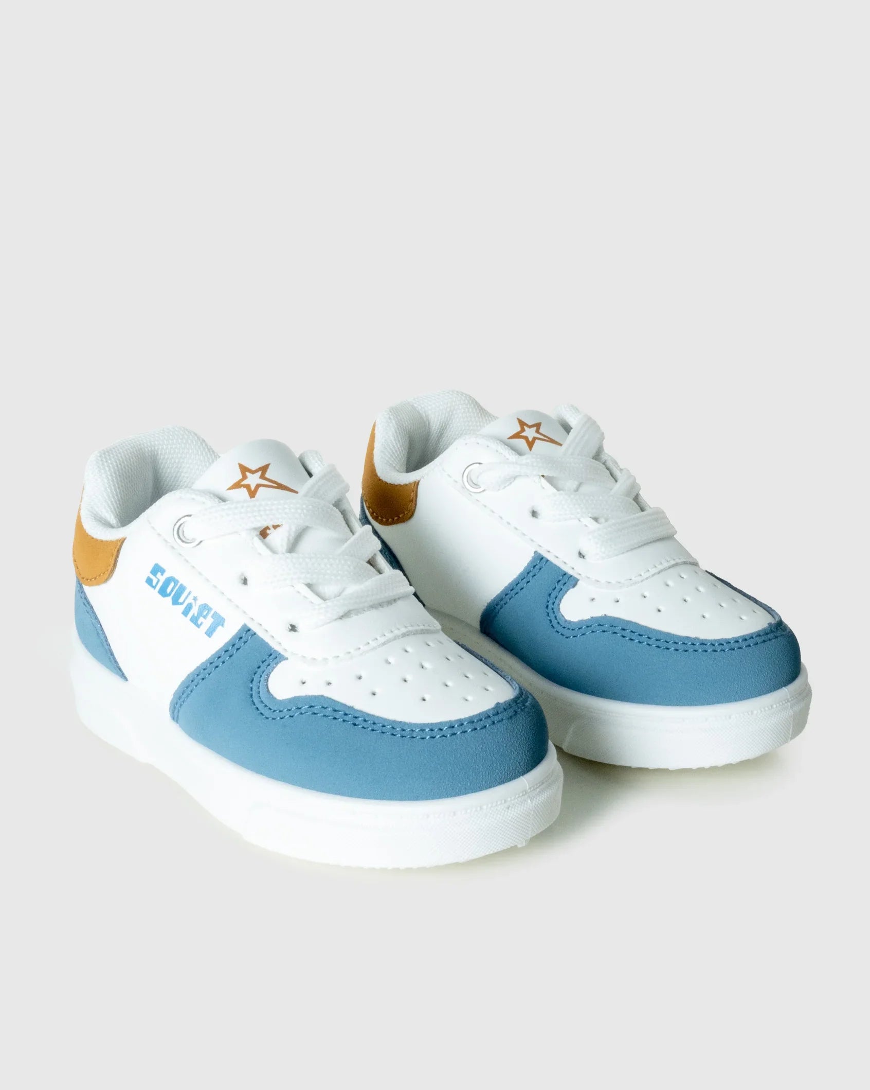 Infants Society in white, blue and mustard, front view