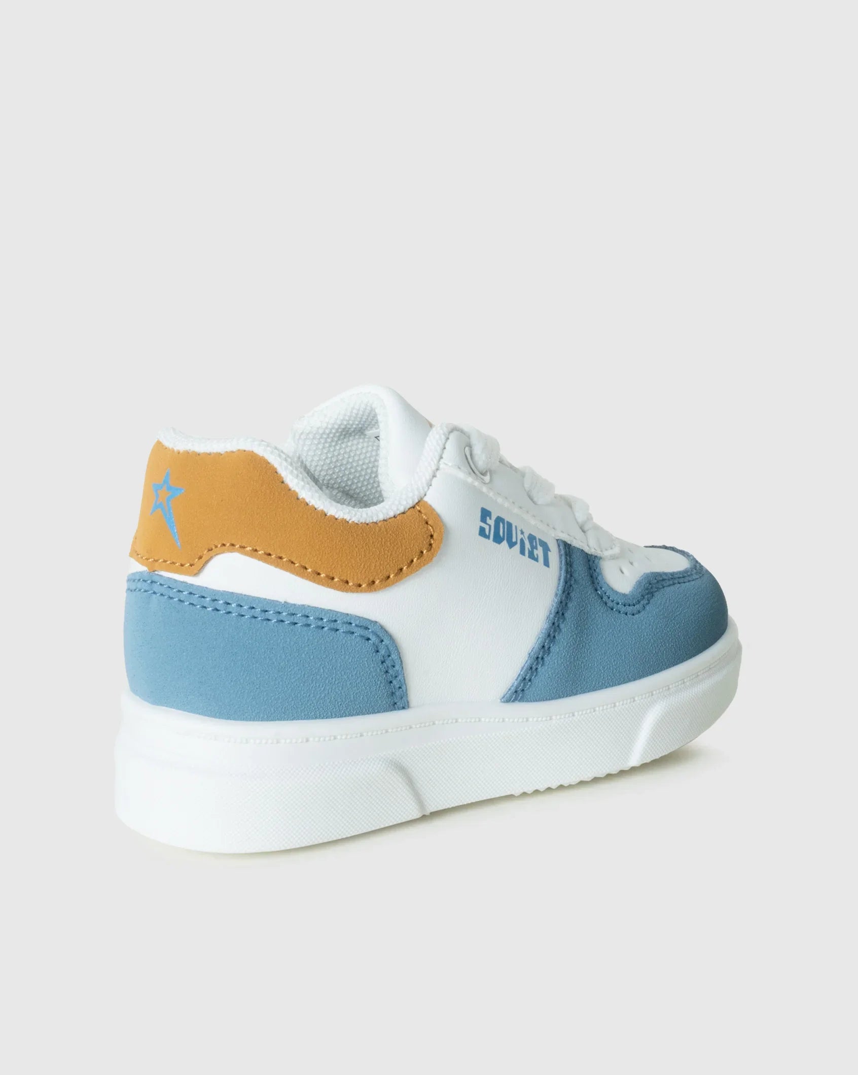 Infants Society in white, blue and mustard, back view