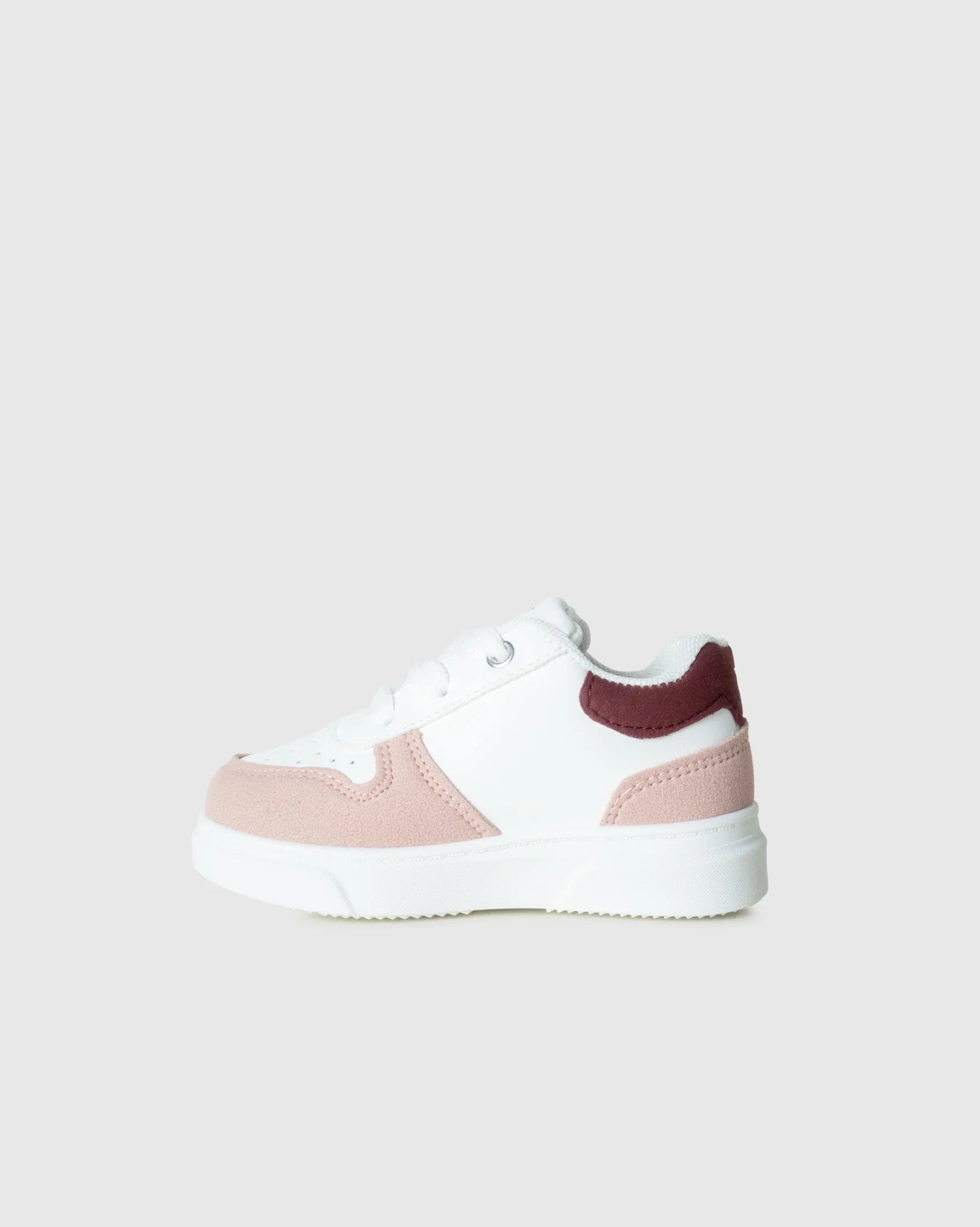 Infants Society in white, pink and burgundy, left view