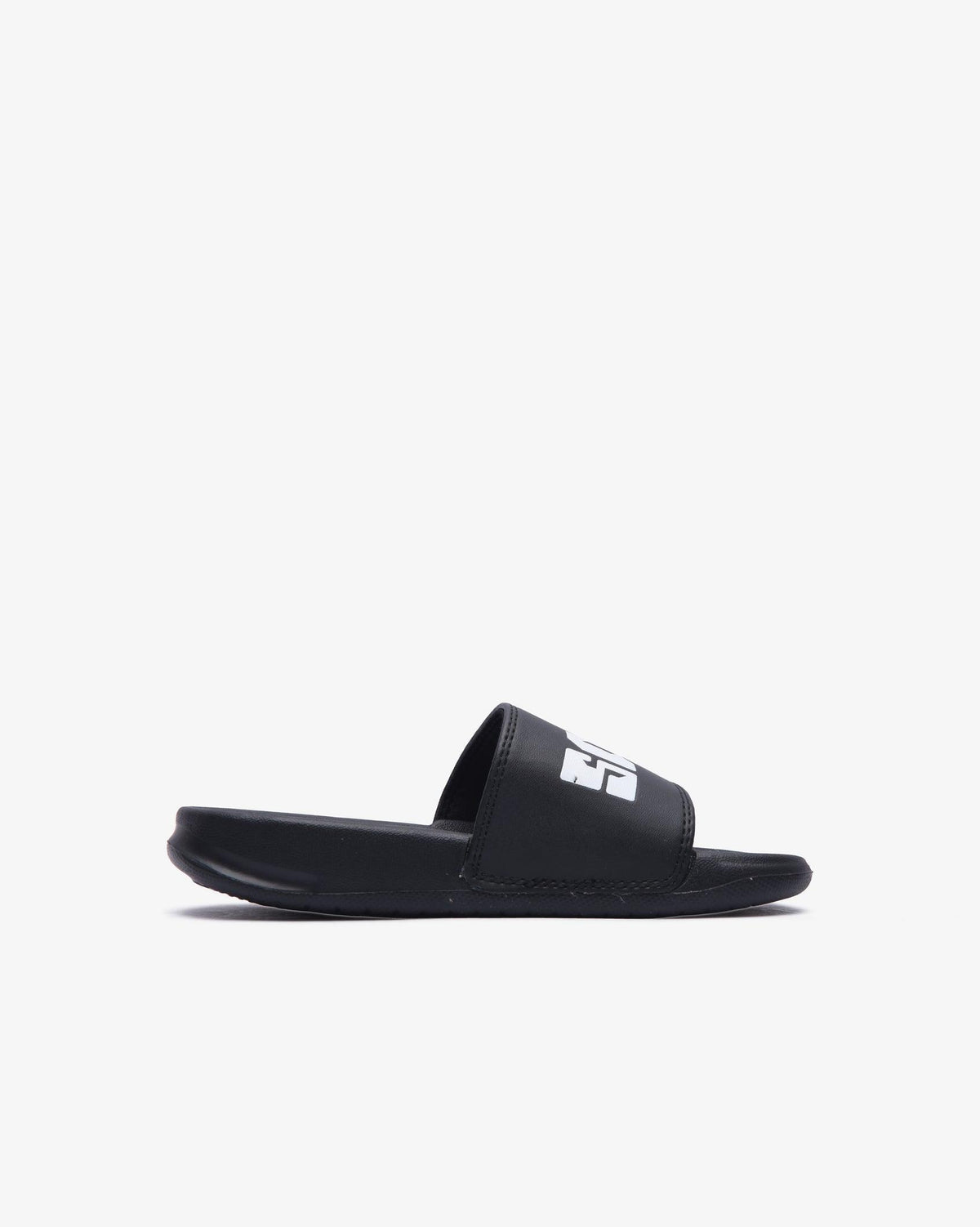 Kids Bahamas push-in casual sandals by Soviet in black with white accents, featuring open-toe design and comfortable footwear for children.