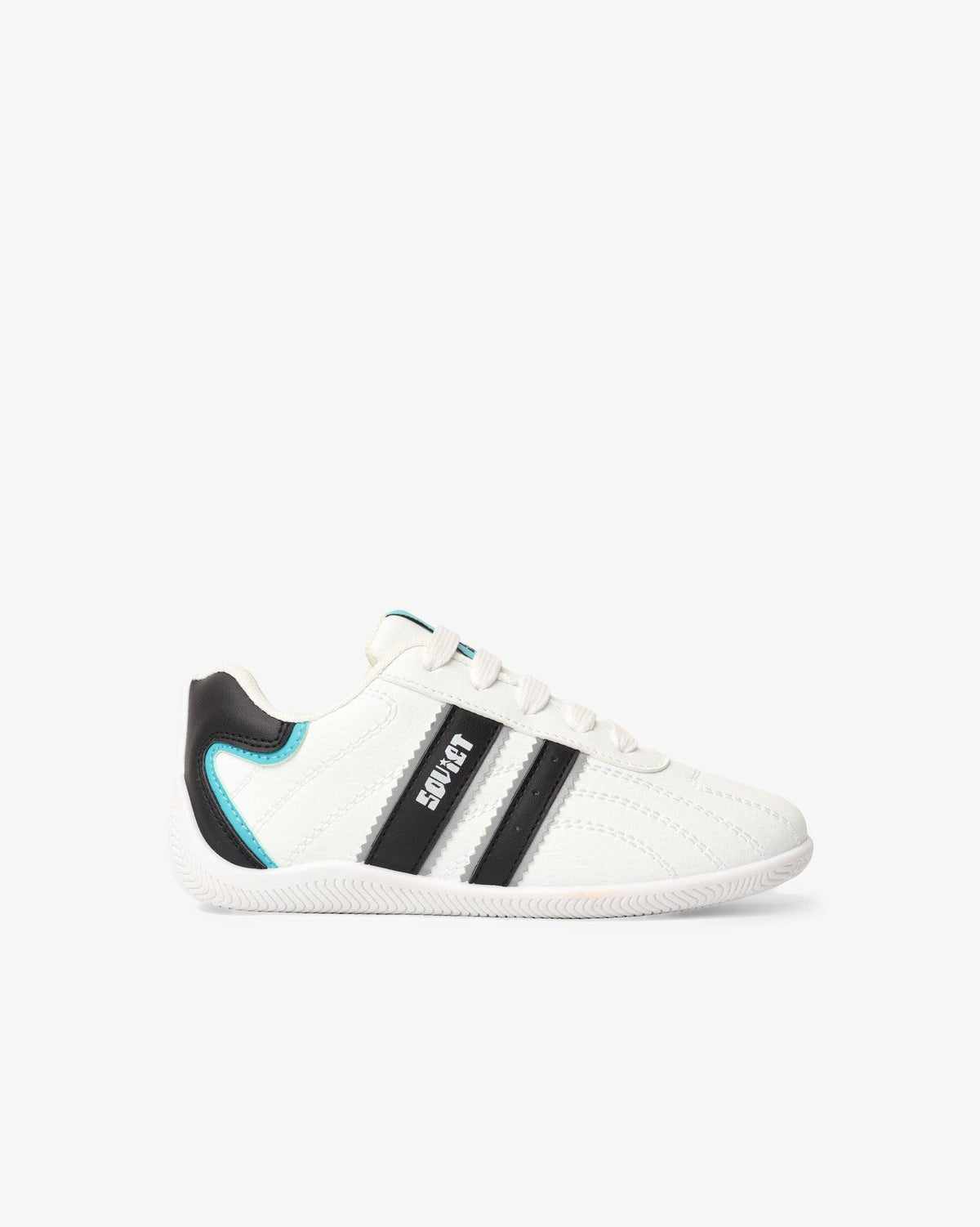 Soviet Infants Barclay Plim Sole PU lace-up footwear in white, black, and aqua with comfortable design for young children.