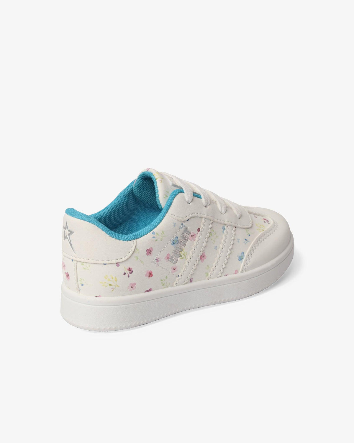 Kids Isla fashion PU sneakers by Soviet featuring white and blue floral design, casual footwear for children.