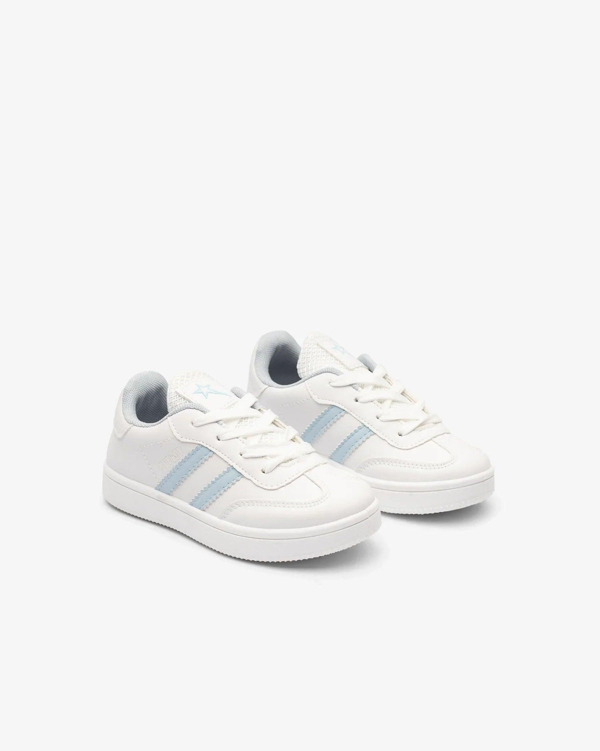 Kids Isla fashion PU sneaker by Soviet in white with light blue accents, showcasing a trendy kids' footwear design.