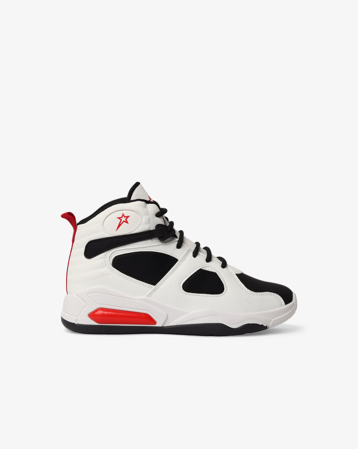 White, black, and red youth Jax hi-cut fashion sneaker by Soviet, showcasing stylish sneaker design with laces and sole detail.