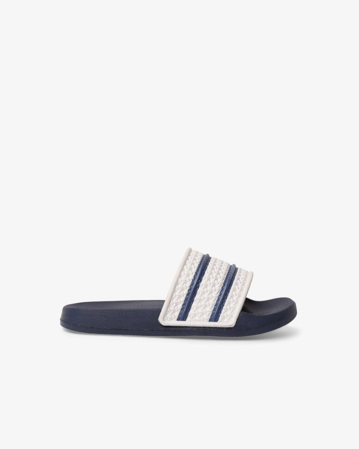 Kids Quest 26 stripped bandage slider by Soviet, white and navy footwear with a casual slip-on design for children.