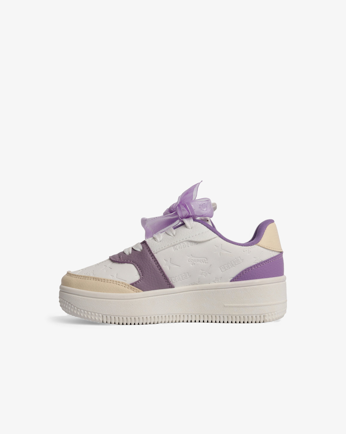Kids Scarlett casual platform sneakers by Soviet in white, beige, and lilac with low-cut design, suitable for everyday footwear.