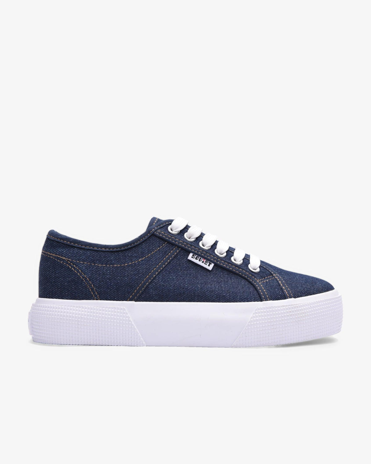 Ladies Ayanda platform denim sneaker by Soviet, showcasing stylish blue denim footwear with chunky white soles.