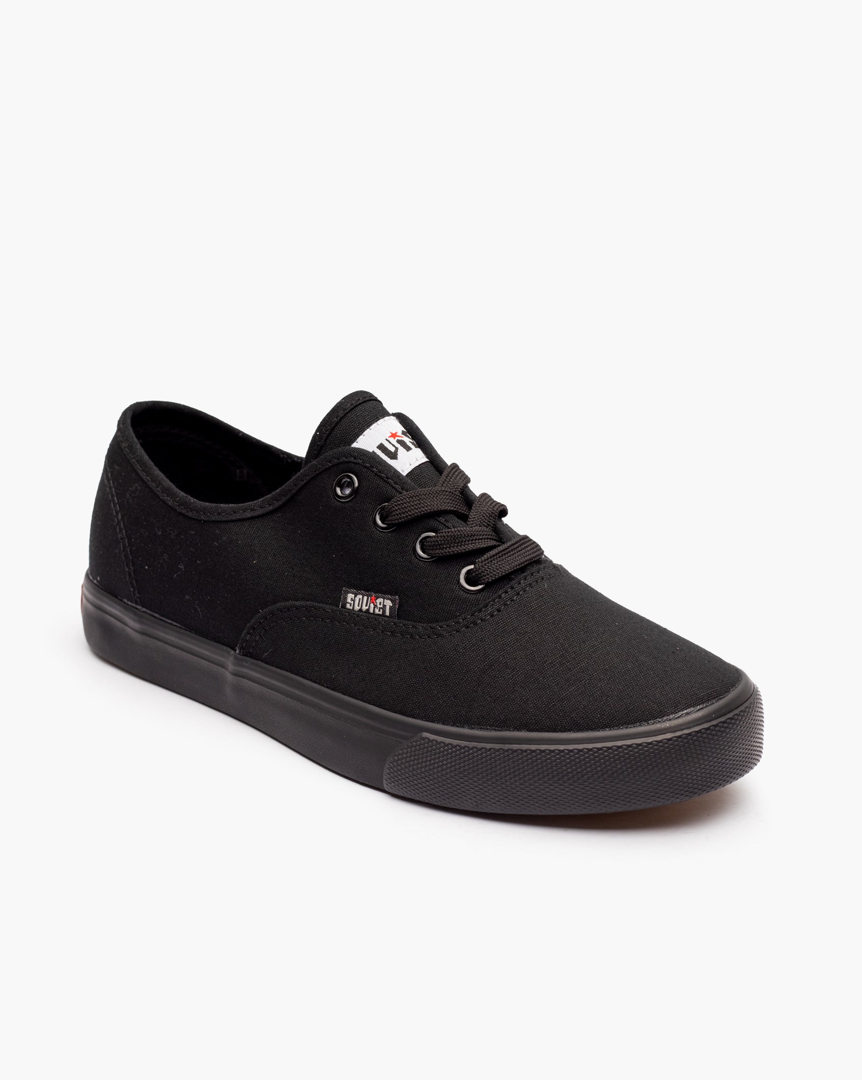 Black canvas low-top sneaker with black laces and side logo patch