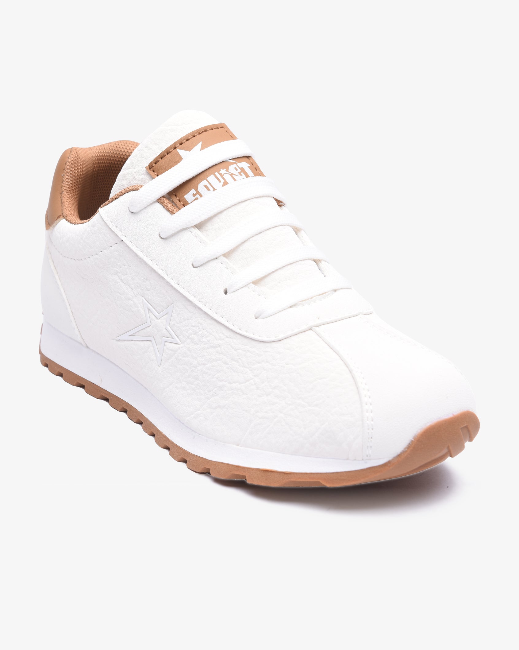 Ladies Imogen PU lace-up sneaker by Soviet, white and brown footwear with stylish lace-up design and comfortable sole.
