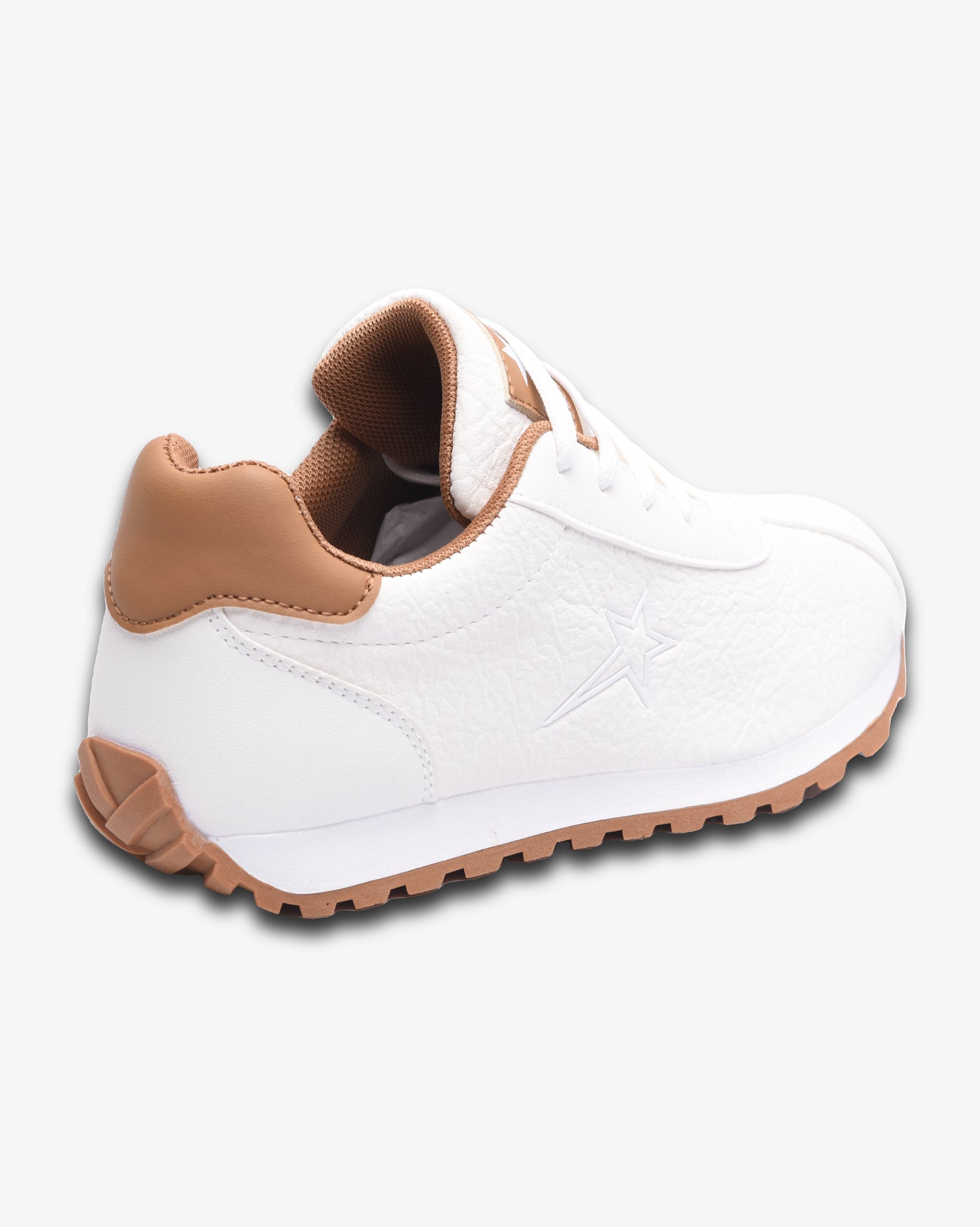 Ladies Imogen PU lace-up sneakers from Soviet in white and brown leather, showcasing a stylish and comfortable footwear design.