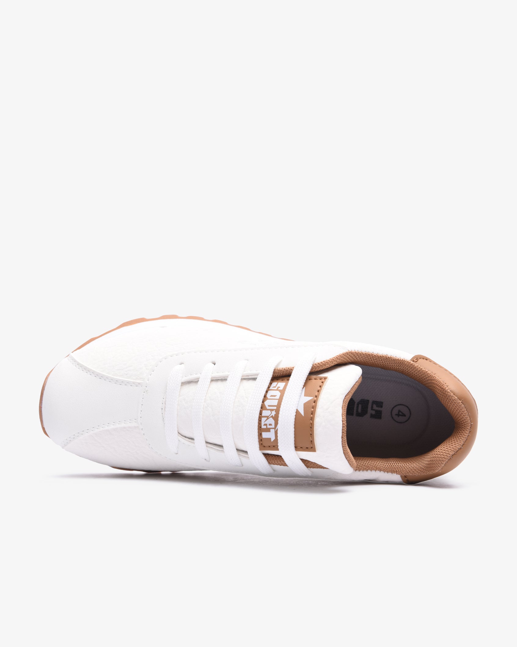 Soviet Ladies Imogen PU lace-up sneakers in white and brown leather, showcasing stylish casual footwear with lace-up design.