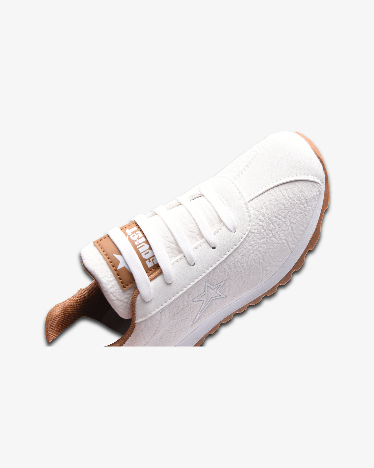Ladies Imogen PU lace-up sneaker by Soviet in white and brown leather, stylish footwear with a modern design.