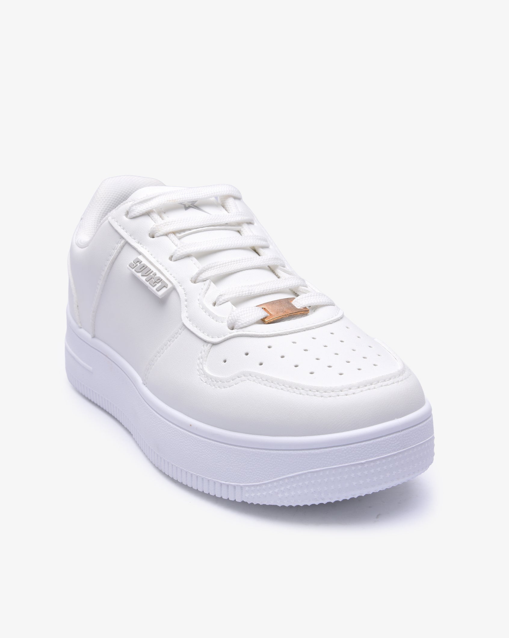 White PU sneaker with lace-up eyelets and side logo patch detail