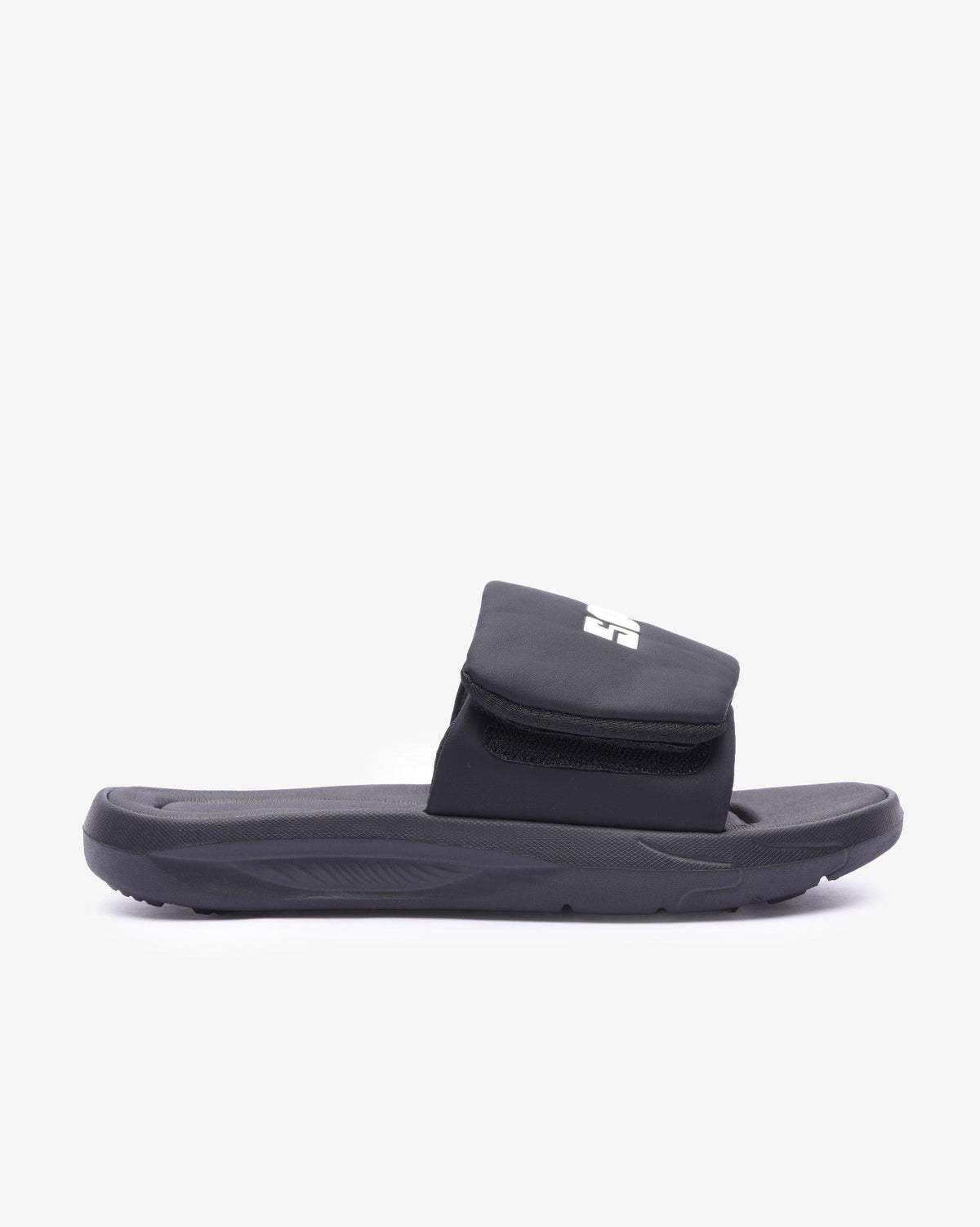 Black Soviet Ladies Madge Eva padded slider sandal with cushioned straps and flat sole, casual footwear for comfortable summer wear.