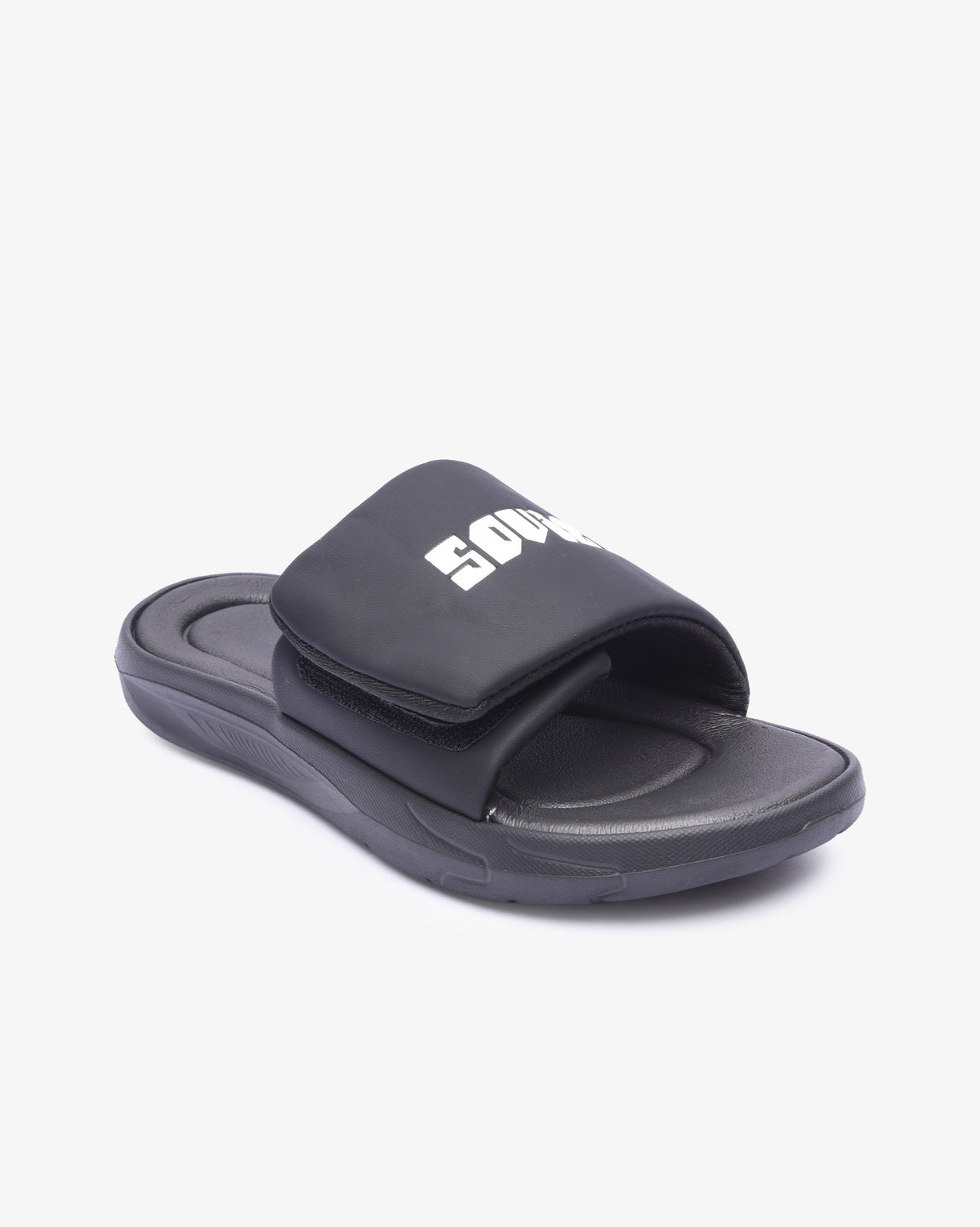 Soviet Ladies Madge Eva padded slider footwear in black and white with cushioned straps and a comfortable slip-on design.
