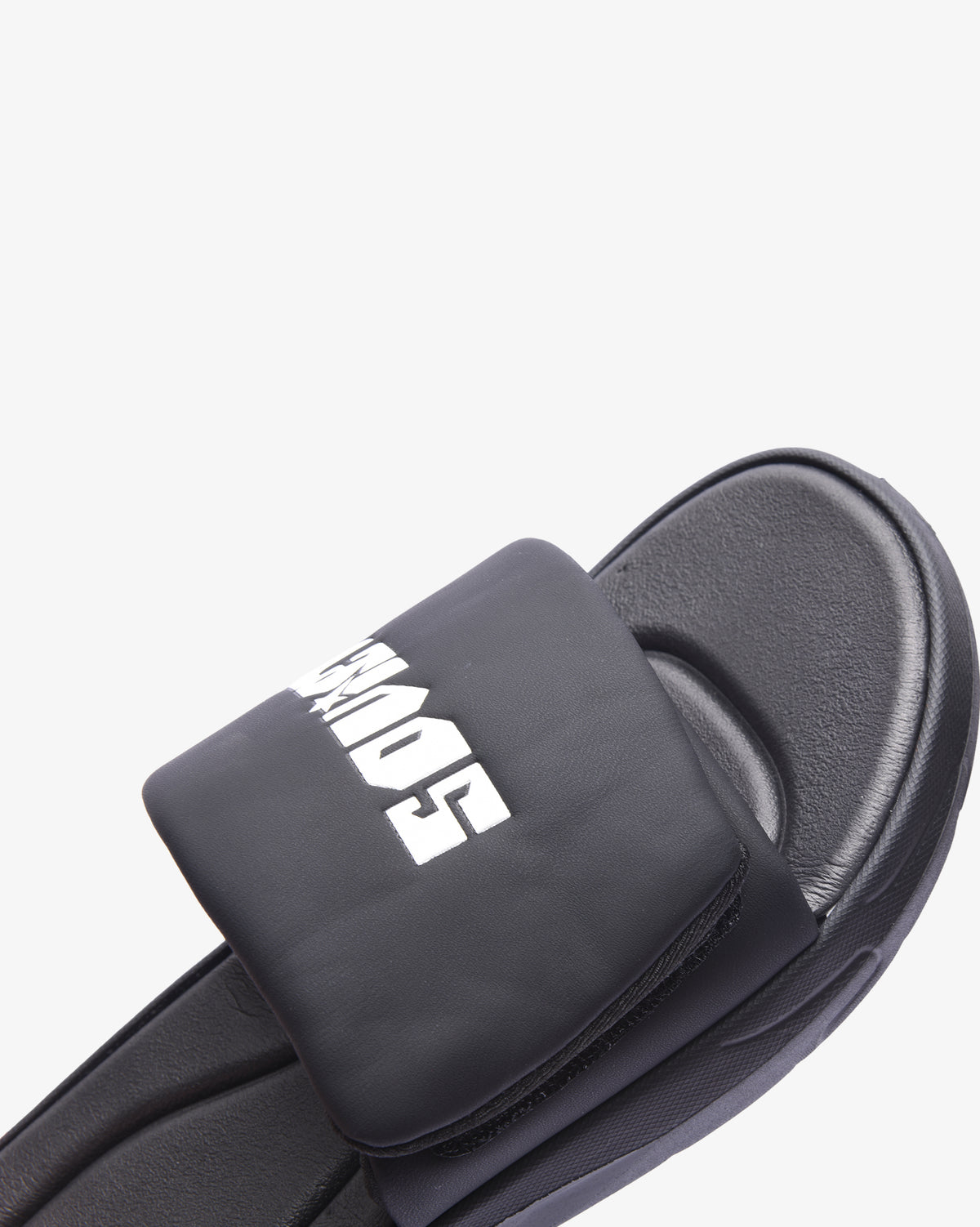 Black Soviet Ladies Madge Eva padded slider sandal with white accents and comfortable design, suitable for casual wear