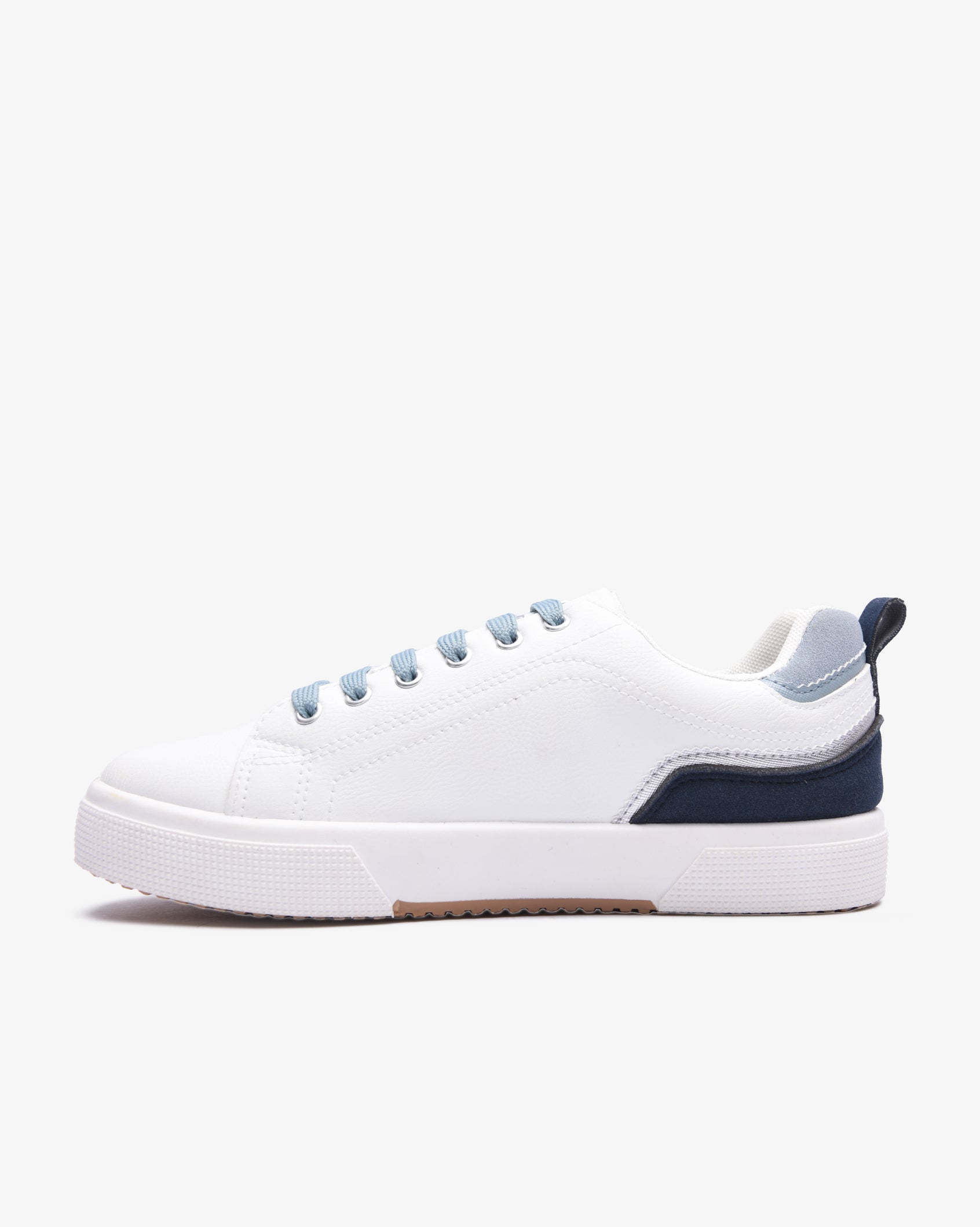Ladies Mahogany PU multi-panel lace-up sneaker by Soviet in white with baby blue accents, showcasing stylish casual footwear.