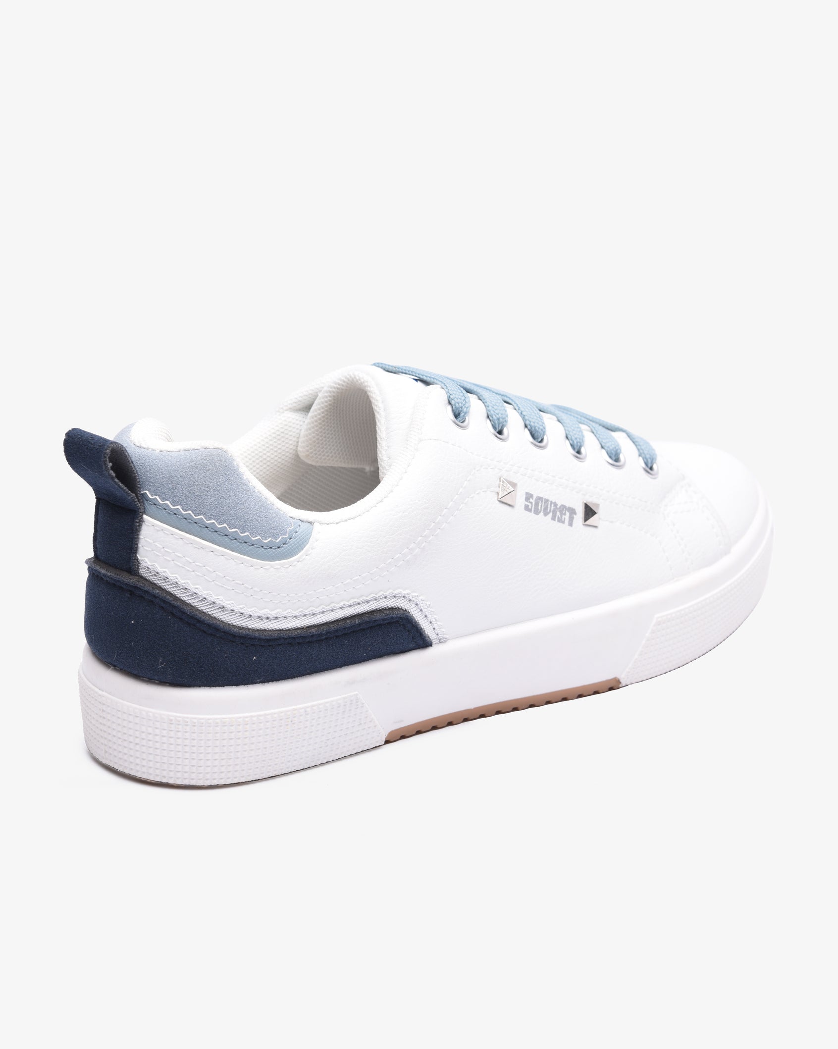 Ladies Mahogany PU multi-panel lace-up sneaker by Soviet, featuring white and baby blue color blocking, casual footwear.