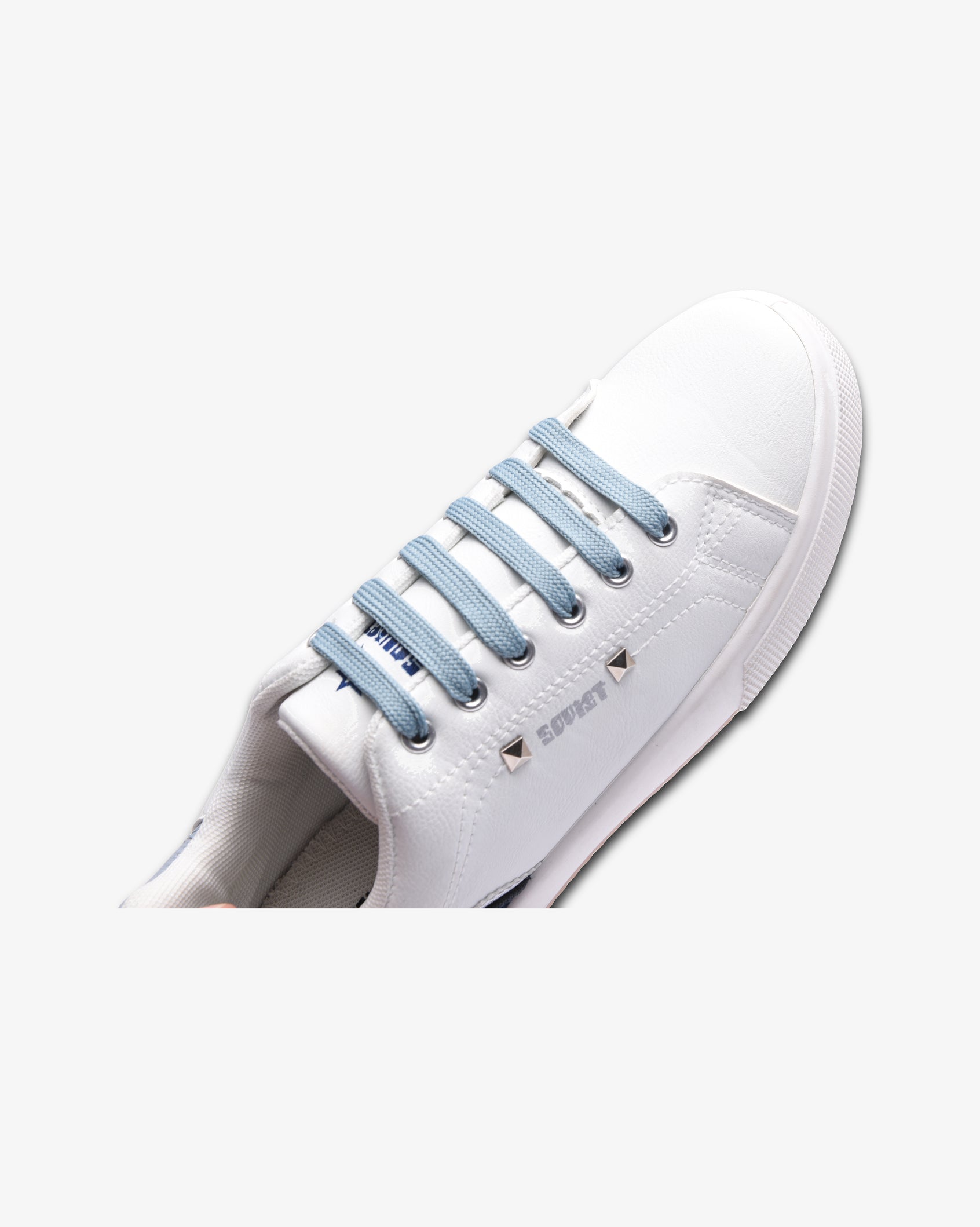 Ladies Mahogany PU multi-panel lace-up sneaker by Soviet, featuring white and baby blue accents, stylish footwear for women.