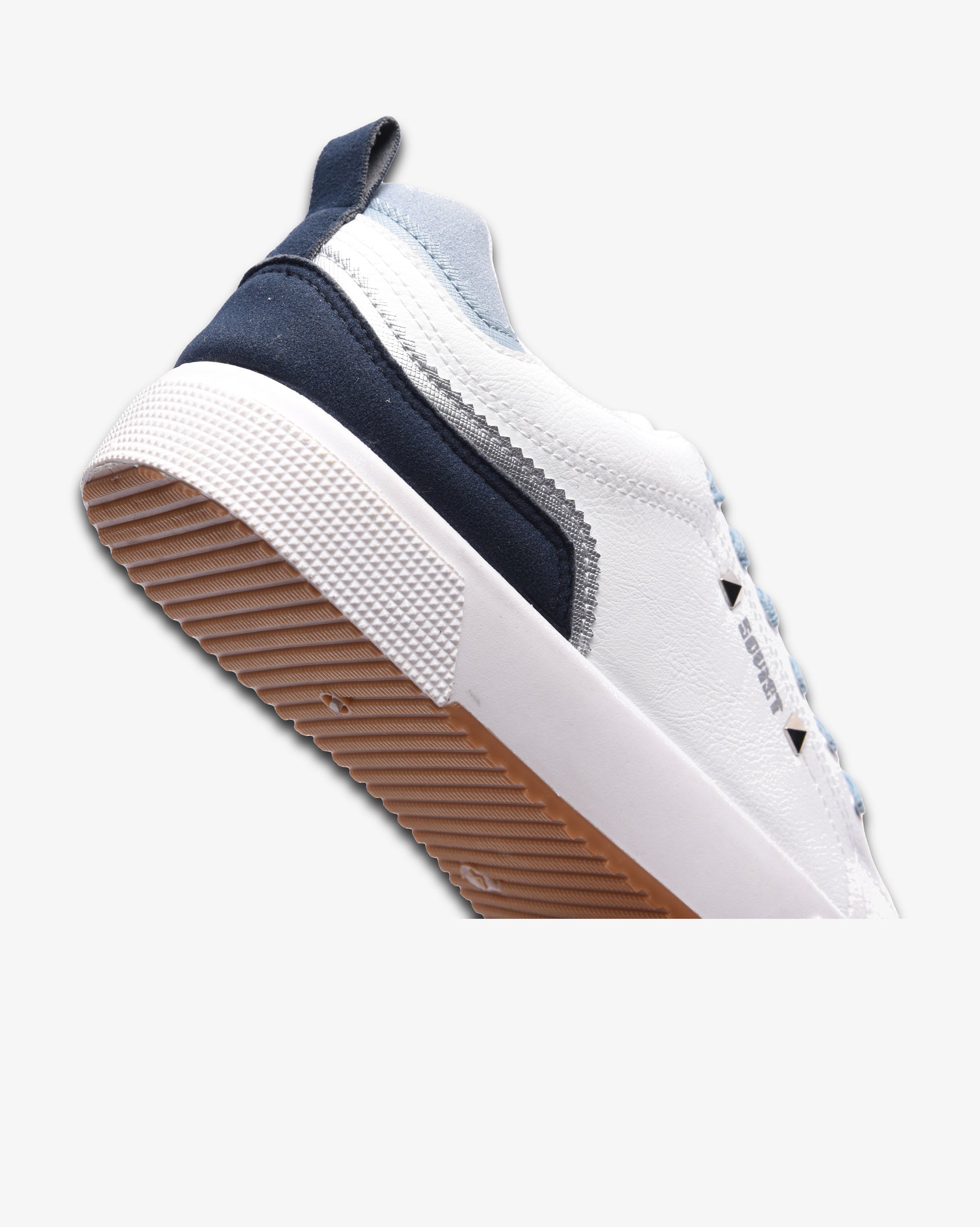 Soviet Ladies Mahogany PU multi-panel lace-up sneaker with white and baby blue accents, showing side view of stylish footwear.