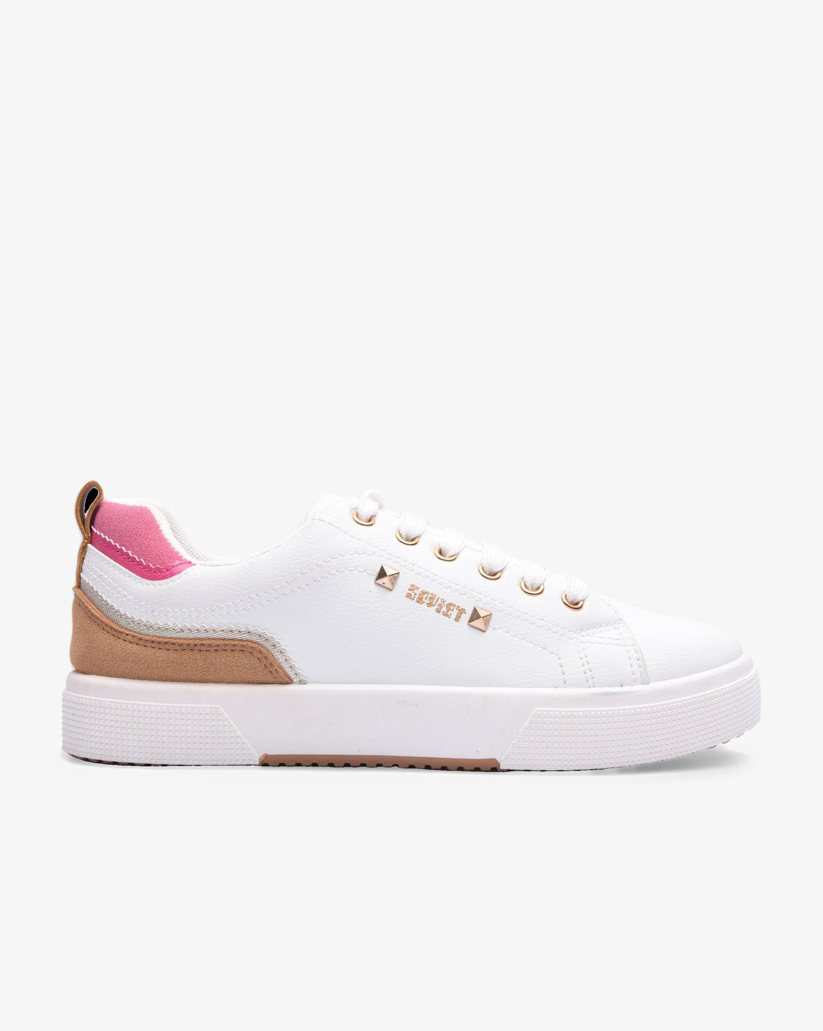Ladies Mahogany PU multi-panel lace-up sneaker by Soviet, featuring white, pink, and taupe color blocks in footwear style.