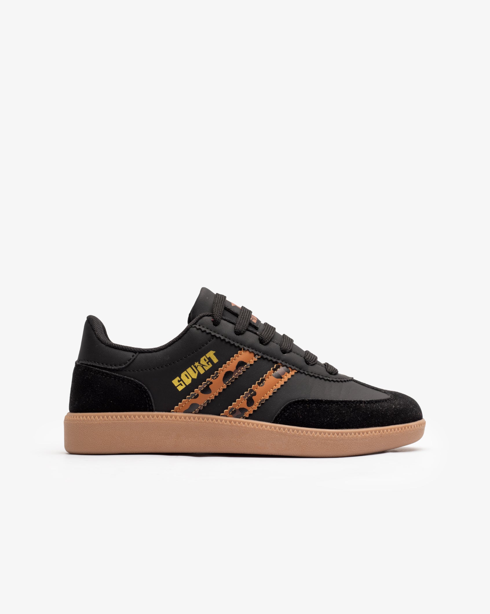 Black low cut casual sneaker for women by Soviet, featuring a leopard print design and comfortable footwear style.