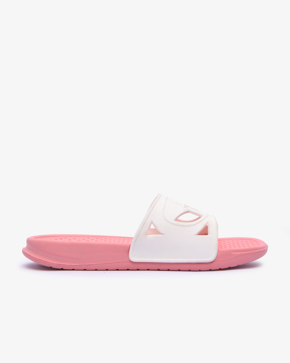 Ladies Rachelle Eva padded slider in pink and white, Soviet footwear with cushioned straps and comfortable slip-on design.
