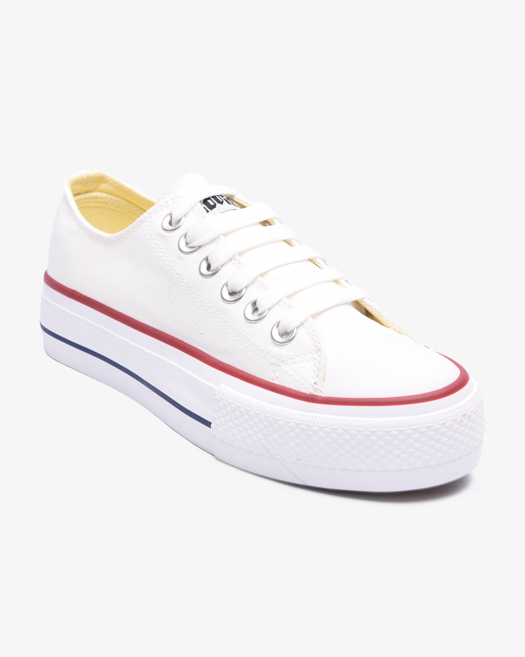 White Soviet Ladies Viper Platform sneakers with vulcanized low-cut canvas design and 4cm platform height.