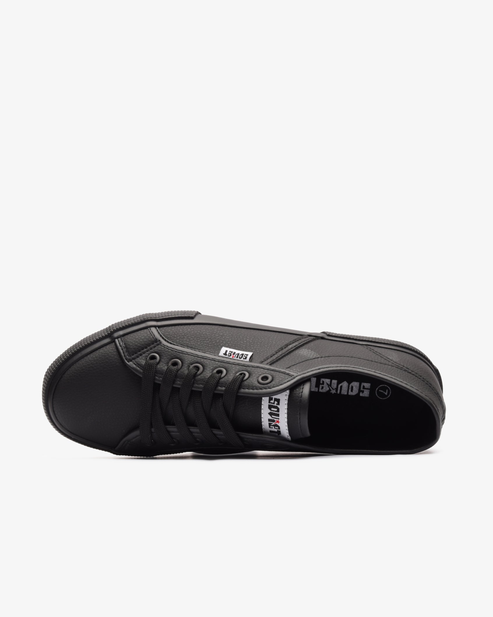 Men's low-cut PU sneaker, black profile view with lace-up closure and branding