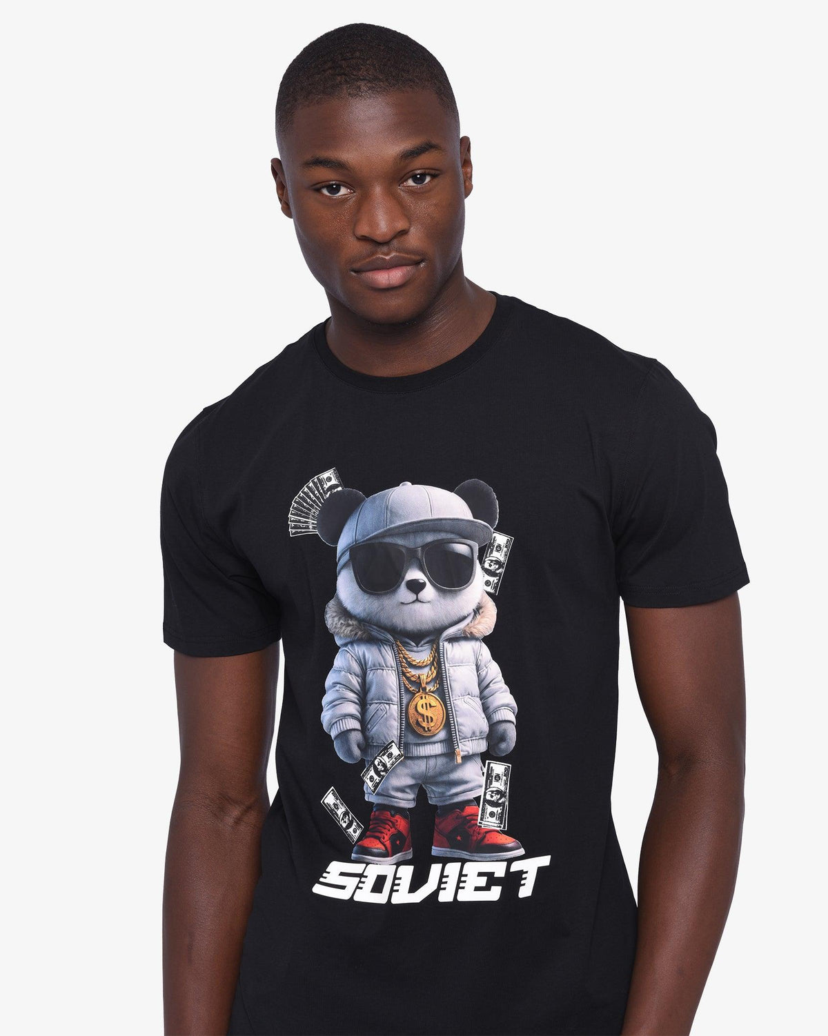 Black men's short sleeve fashion T-shirt by Soviet, featuring a modern Bale APP design on the front.